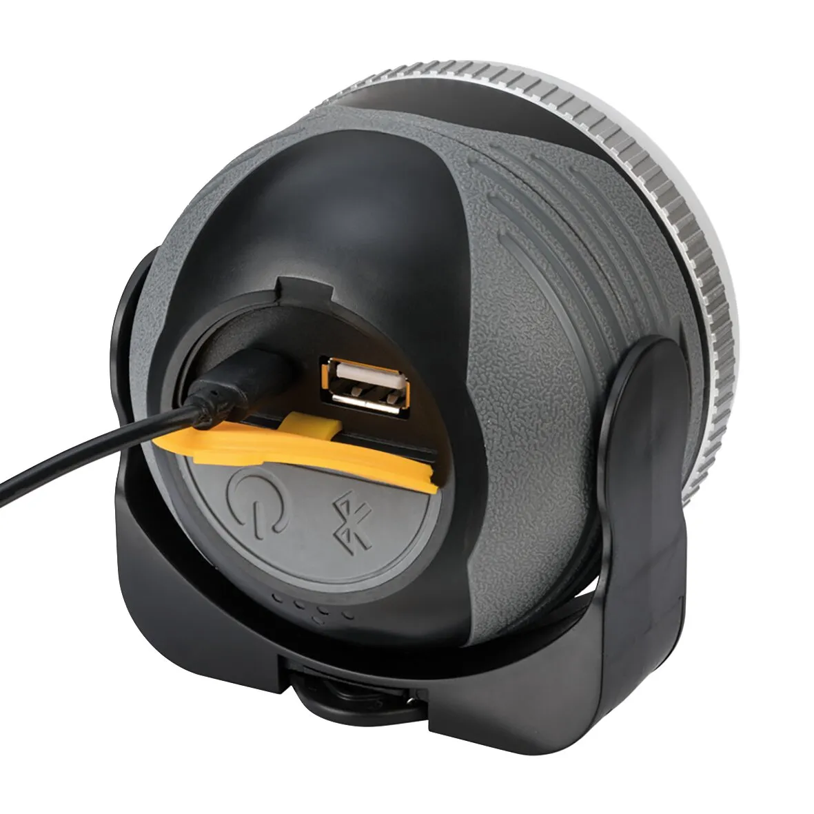 Campingleuchte OLI 310 AB in Schwarz mit sichtbarem USB-Anschluss, Ladekabel und Bluetooth-Lautsprecher-Symbolen in Rückansicht