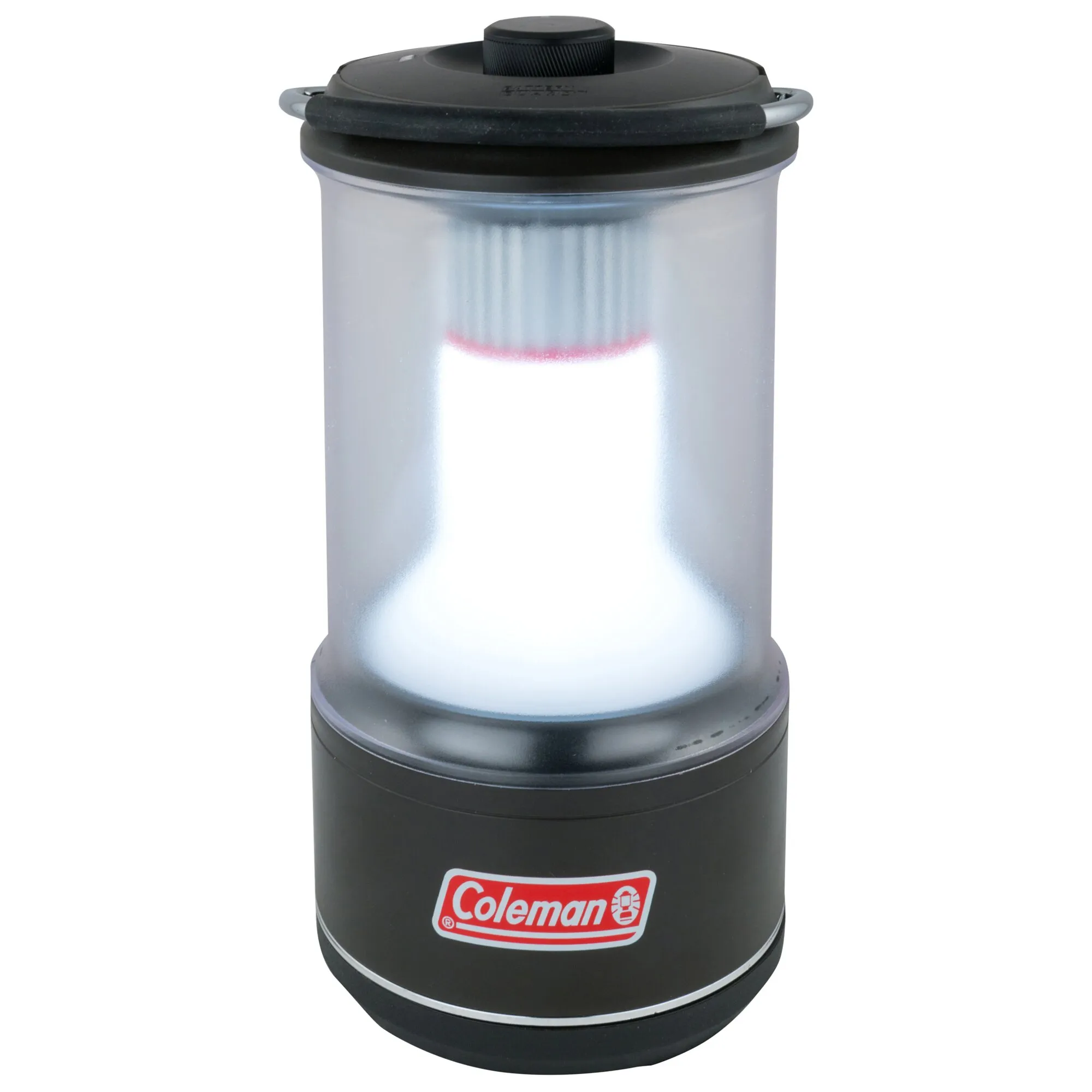 Coleman BatteryGuard Laterne mit 800 Lumen, schwarzes zylindrisches Gehäuse, Tragebügel und leuchtendem Diffusor