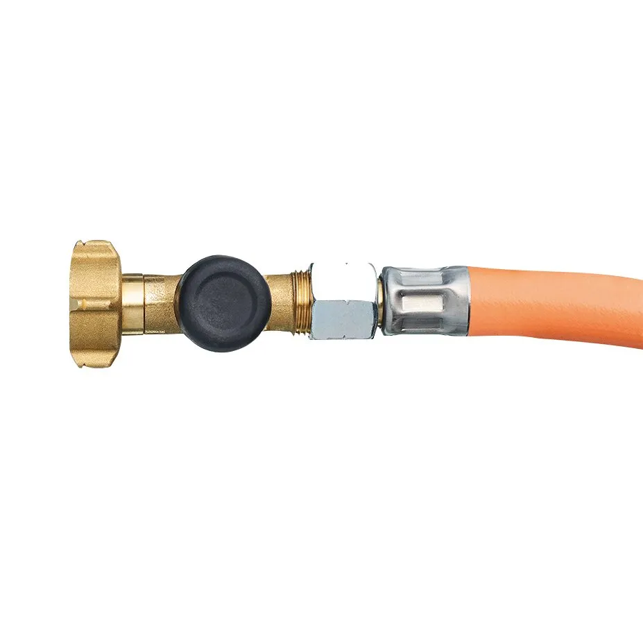 Hochdruck-Schlauchleitung G.2 mit 750 mm langem orangefarbenem Schlauch und Messinganschluss mit schwarzem Drehknopf