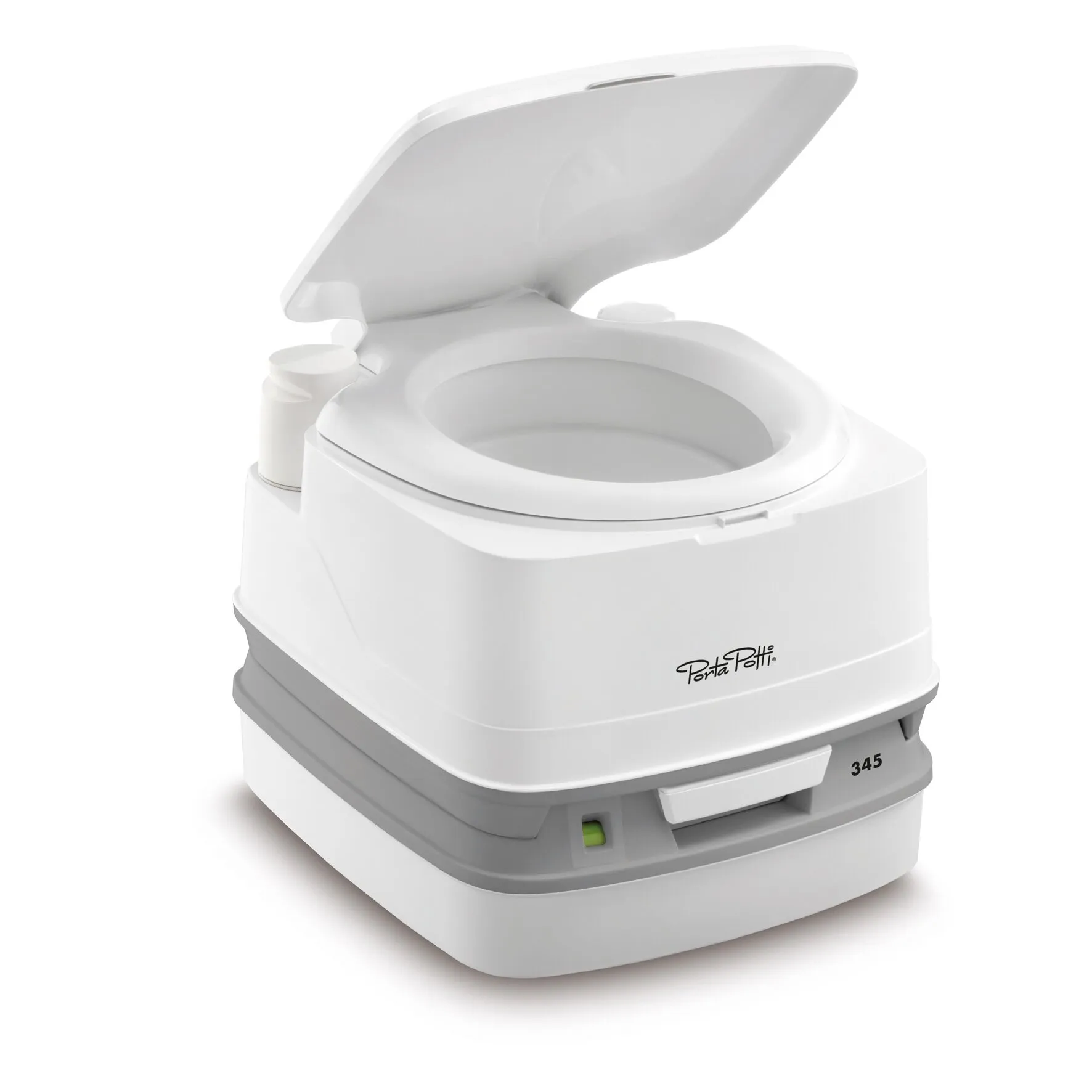 Weiße tragbare Campingtoilette Porta Potti Serie 300 mit geöffnetem Deckel, Sitzöffnung, Spülpumpe und Füllstandsanzeige
