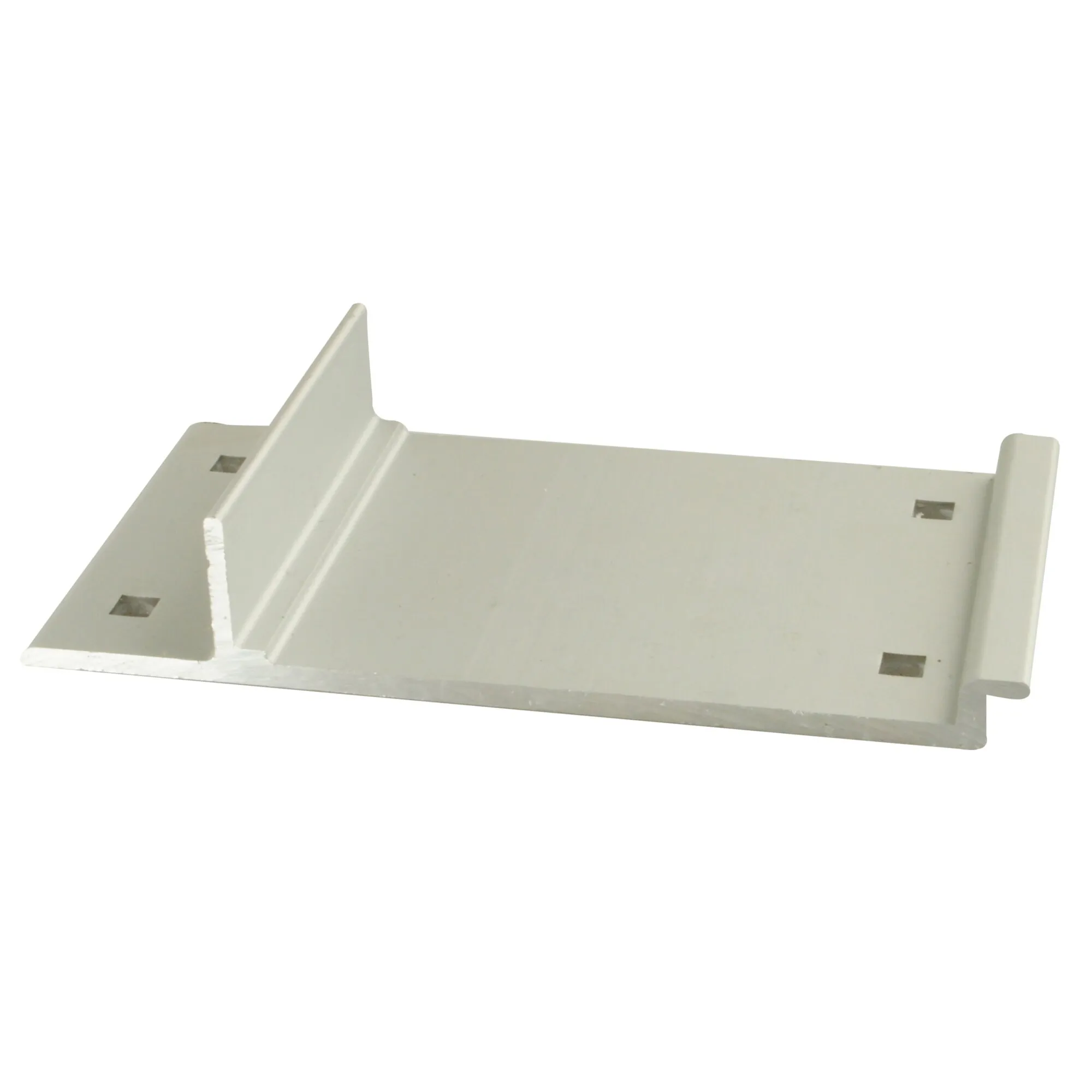 Weißer T-Adapter aus Metall für Markisen mit flacher Grundplatte, seitlicher Trennstrebe und mehreren quadratischen Öffnungen