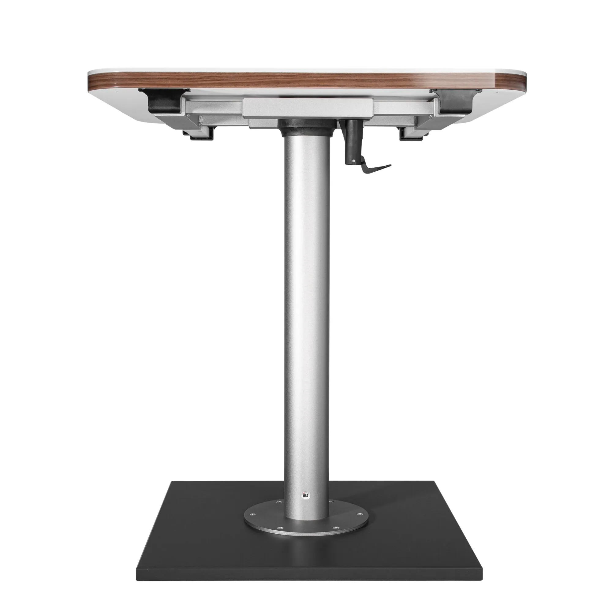 Silberne Tischsäule mit schwarzer rechteckiger Bodenplatte, X/Y-Verschiebemechanik und Bedienhebel unter einer Tischplatte