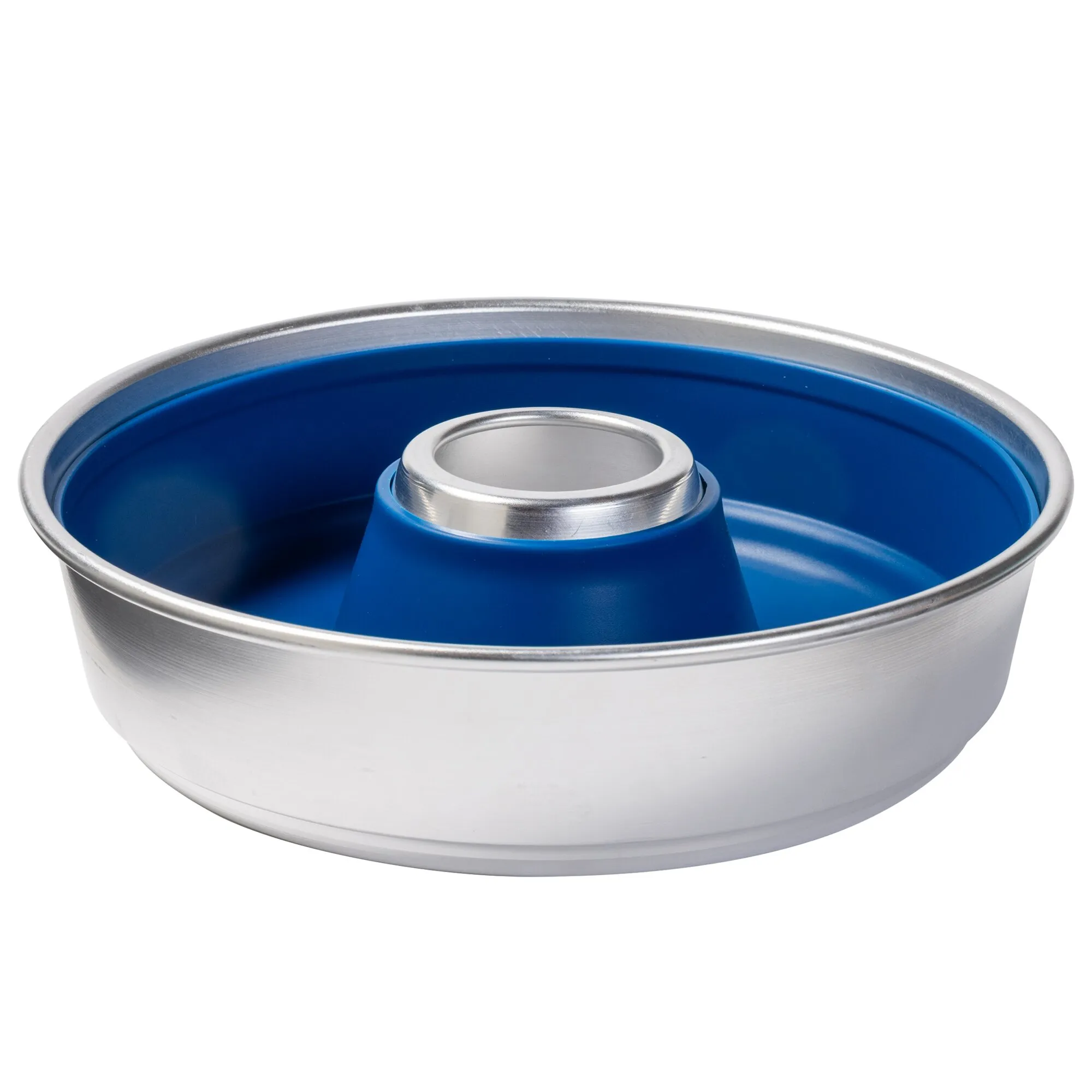 Blaue Silikon-Backform mit rundem Metallrahmen und zentralem Rohrboden für ringförmige Kuchen