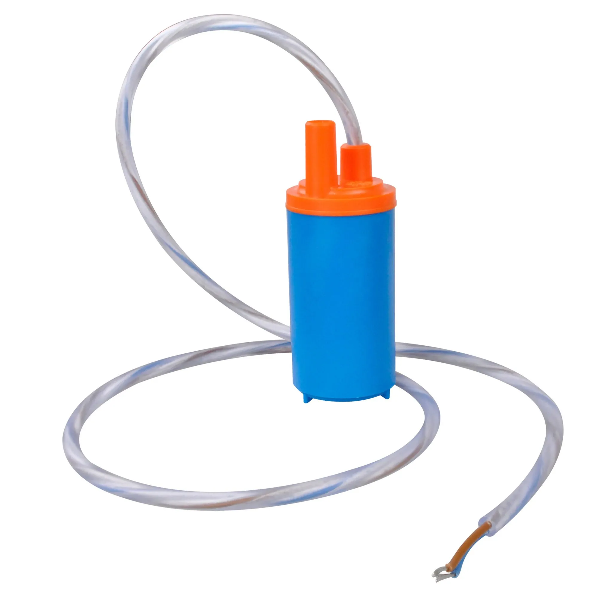 Blaue zylindrische Tauchpumpe Typ 04 mit orangefarbenem Anschlussdeckel, transparentem Schlauch und freiliegenden Kabelenden