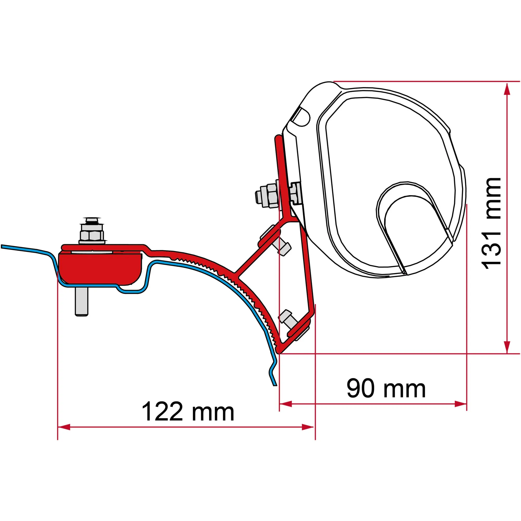 Technische Seitenansicht des roten Markisenadapters für VW T5/T6 mit F35-Markise und Maßangaben 122, 90 und 131 mm