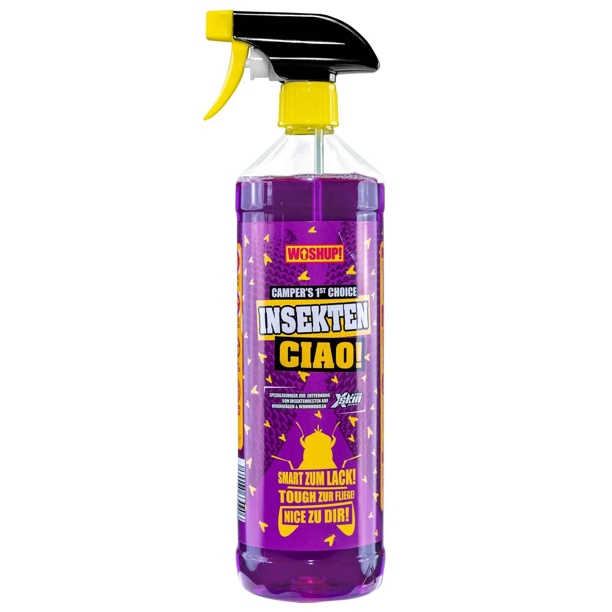 Insekten Ciao Insektenentferner, 1 l, transparente Sprühflasche mit violetter Flüssigkeit und schwarz-gelbem Sprühkopf