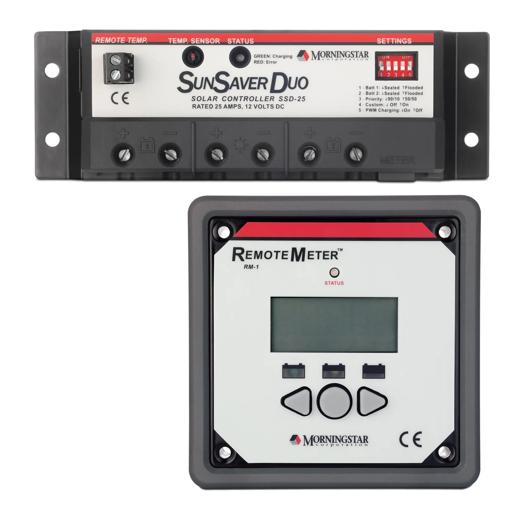 Morningstar SunSaver Duo SSD-25 PWM-Solarladeregler mit Anschlüssen und RemoteMeter RM-1 mit LCD-Display