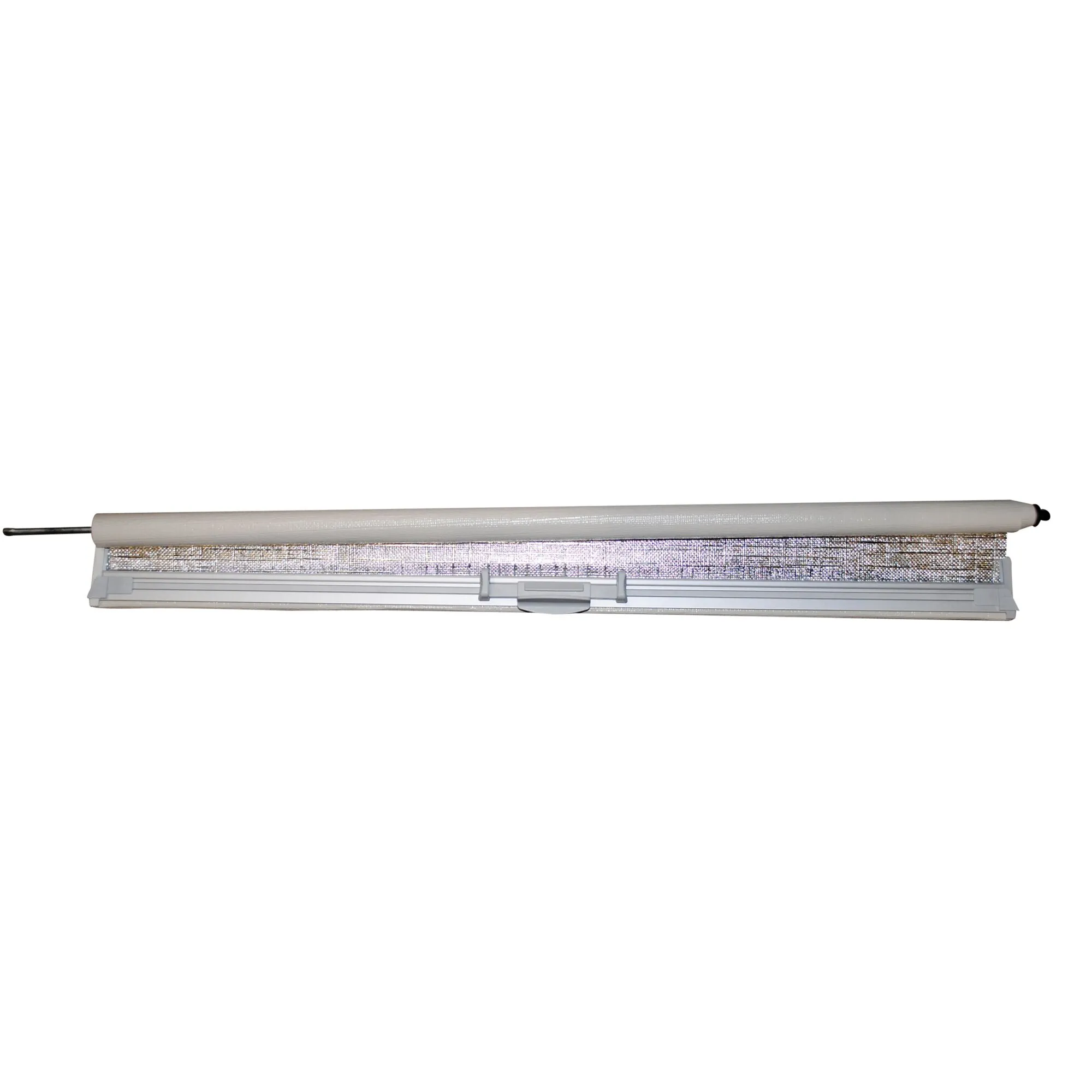 Beiges Verdunkelungsrollo mit sichtbarer Rollwelle, Führungsschiene und zentralem Bediengriff, 1300 x 600 mm