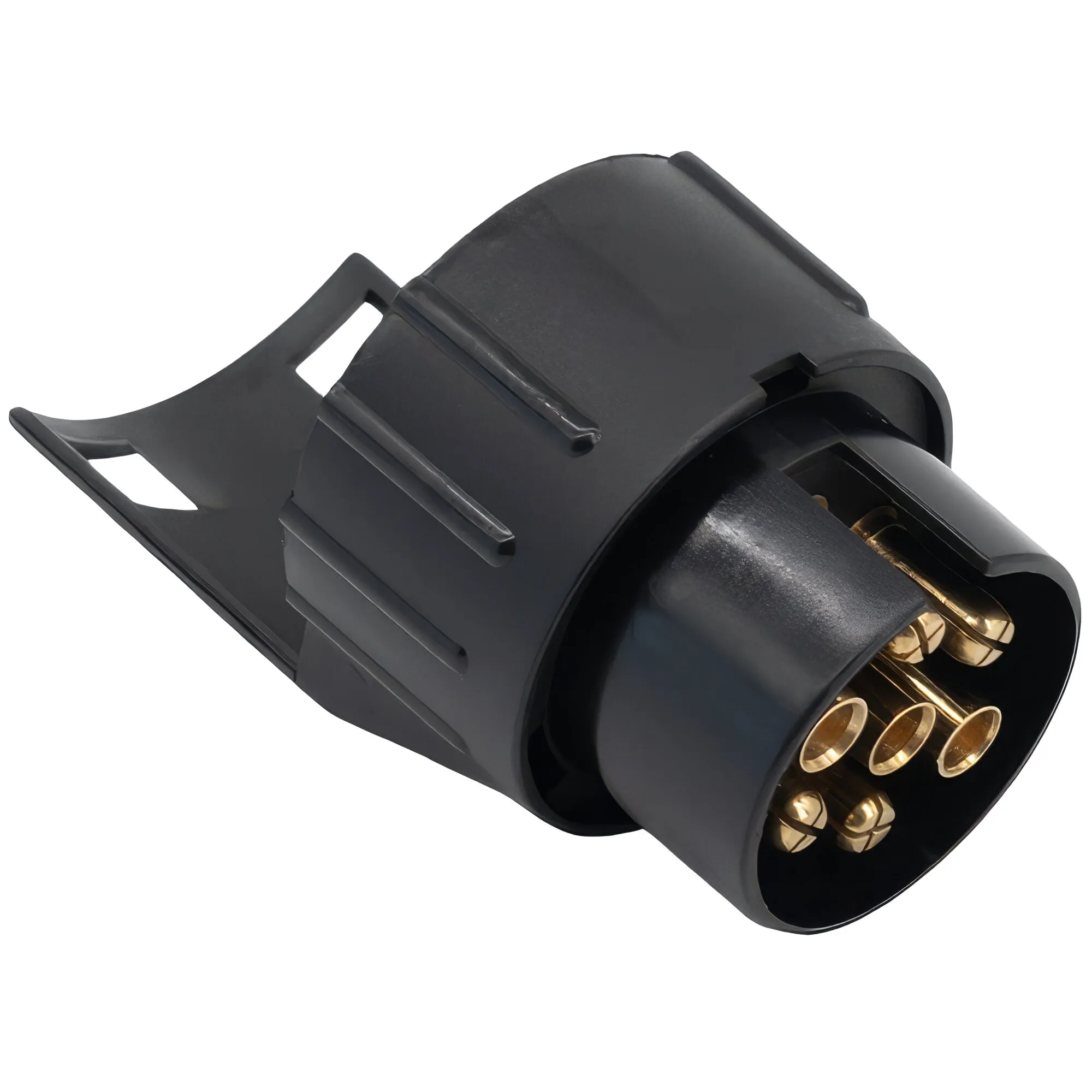 Schwarzer Super-Mini-Adapter ISO 1724 auf DIN mit sichtbaren goldfarbenen Kontakten und Schutzkappeેણ