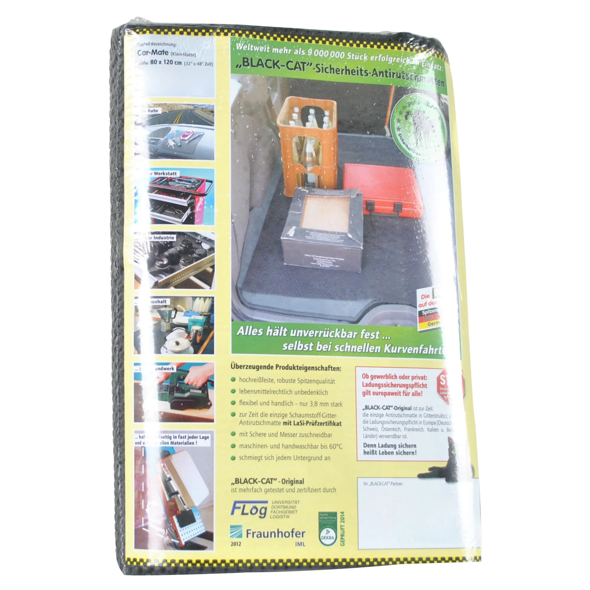 Verpackte schwarze Black-Cat-Sicherheits-Antirutschmatte, 80 cm, mit Produktinformationen und Anwendungsbeispielen auf der Verpackung
