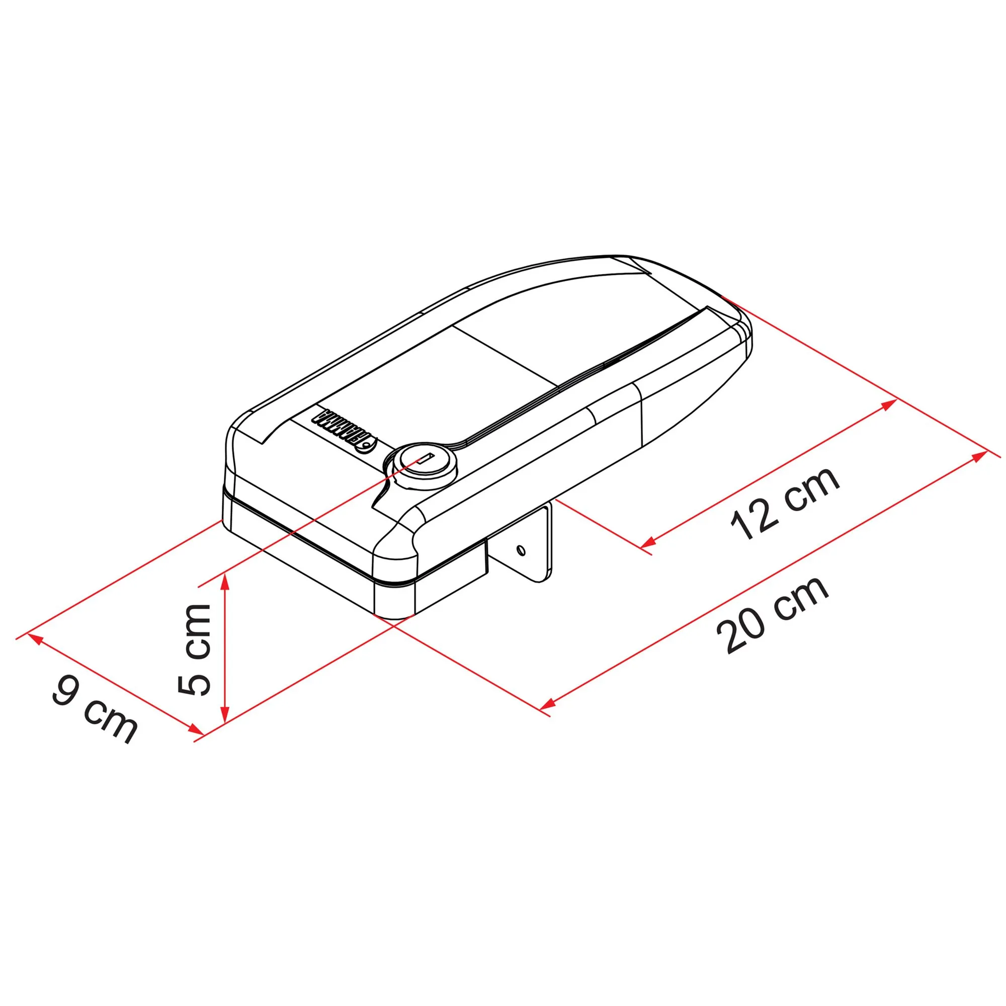 Türsicherung Safe Door Magnum Frame in isometrischer Ansicht mit Verriegelung und Maßangaben 20 × 12 × 9 × 5 cm