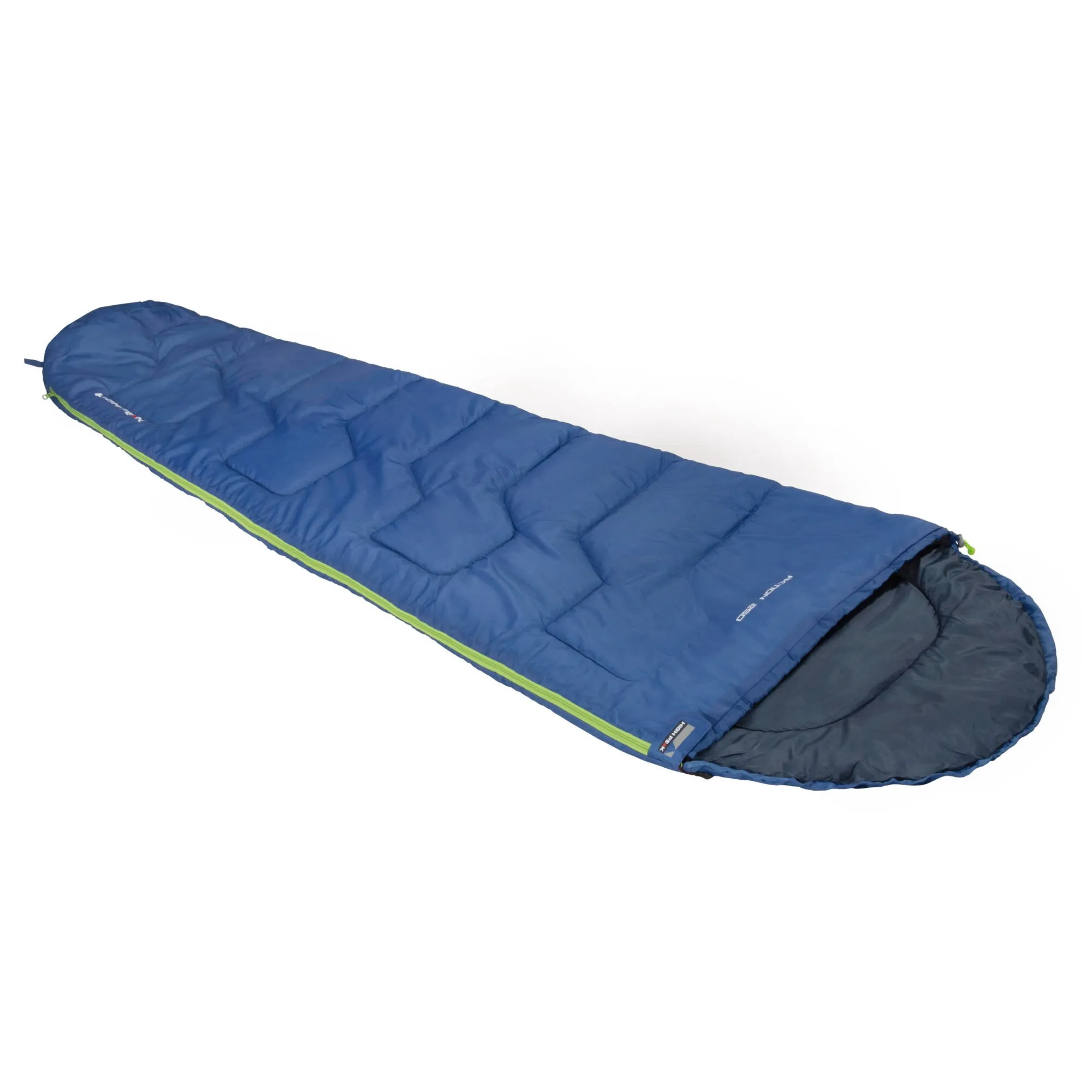 Blauer Mumienschlafsack Action 250 mit grünen Reißverschlüssen und Steppkammern, geöffnet und mit sichtbarem Innenfutter