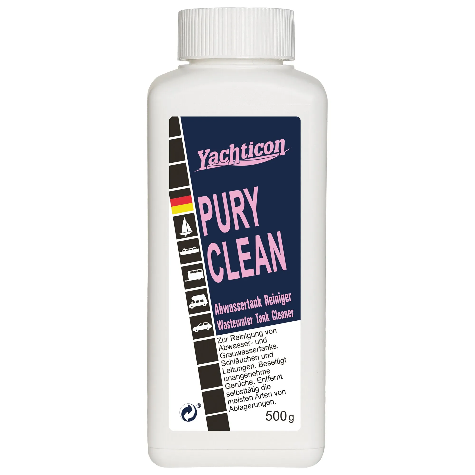 Weiße Kunststoffflasche Yachticon Pury Clean Tankreiniger für Abwasser- und Grauwassertanks, 500 g