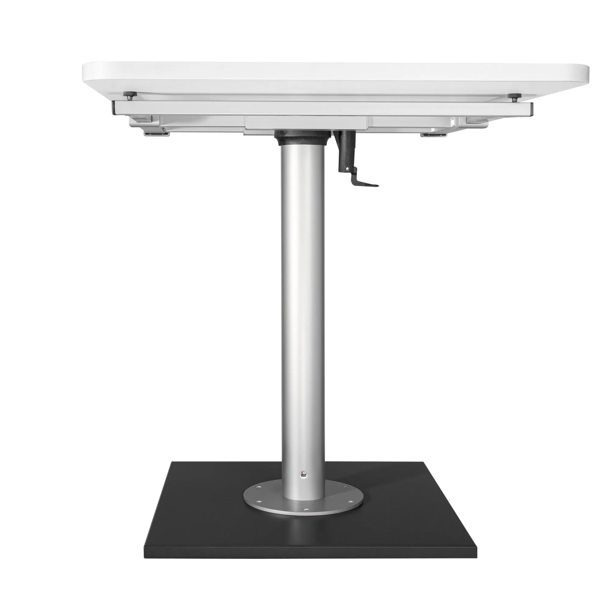Weiße Tischsäule mit Verschiebemechanik, Kurbel und runder Bodenplatte auf schwarzem quadratischem Standfuß unter einer Tischplatte