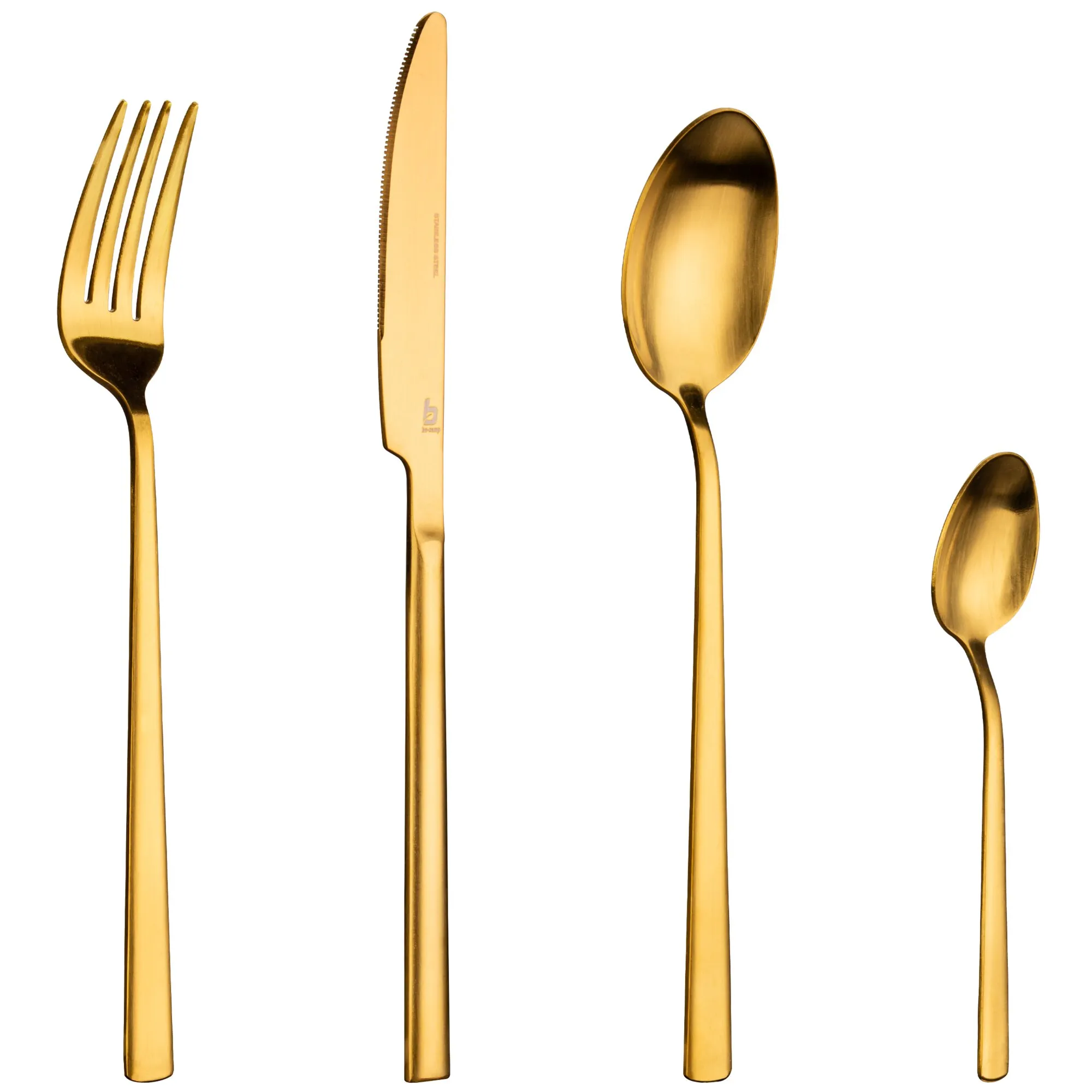 Goldenes Besteck-Set Fairbanks mit Gabel, Tafelmesser, großem Löffel und Teelöffel auf weißem Hintergrund