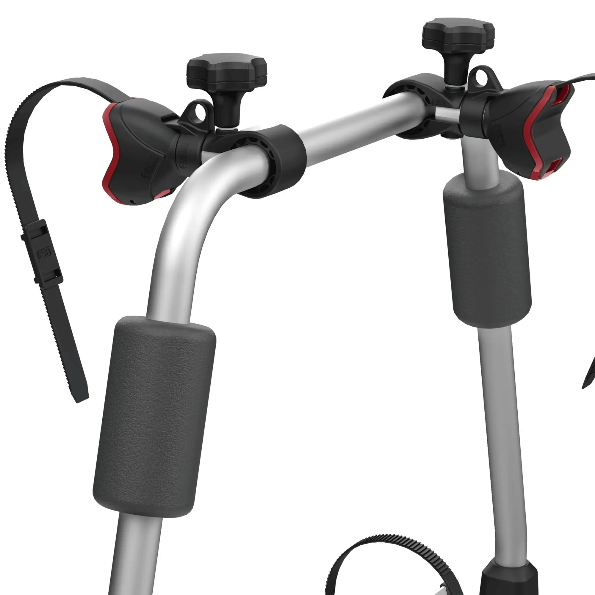 Detailaufnahme des Carry-Bike Garage Slide Deluxe Fahrradträgers: Zwei schwarze Klemmen mit großen quadratischen Griffen und roten Akzenten umschließen eine silberne Rohrstange; Schaumstoffpolster und ein Bandriemen sind sichtbar