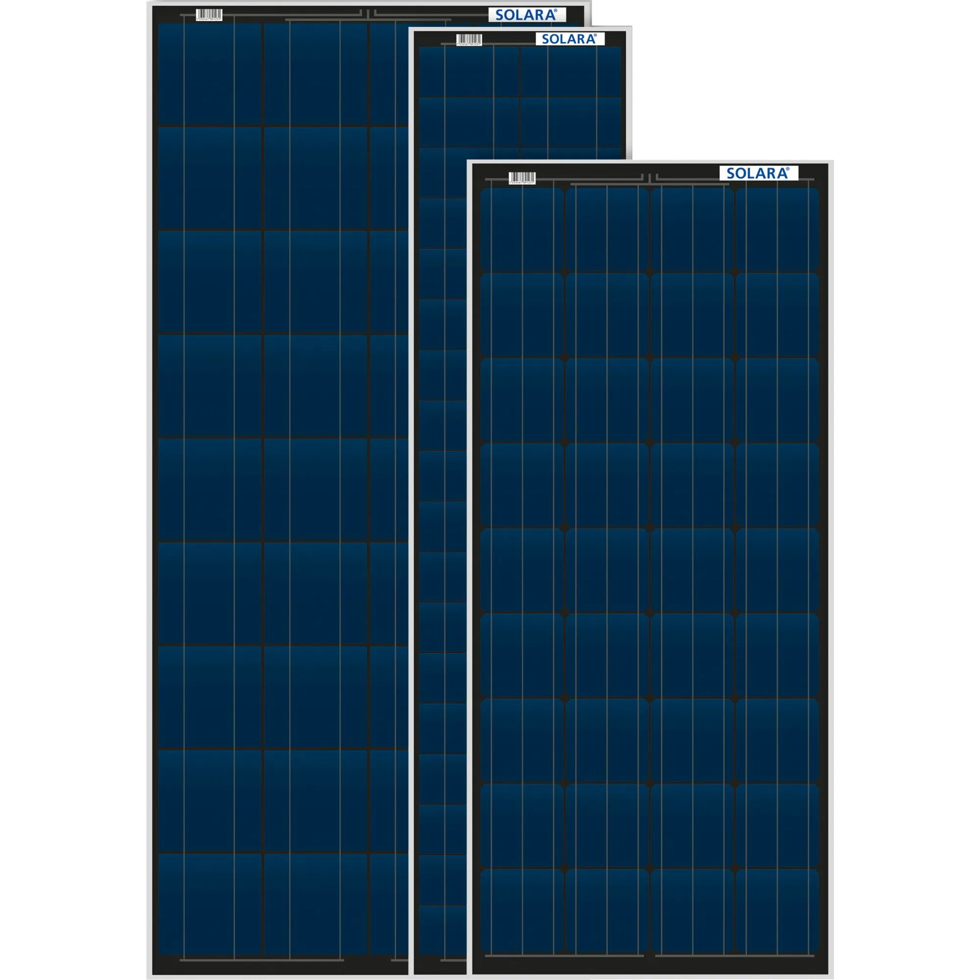 Drei blaue Solarmodule der SOLARA S-Serie in unterschiedlichen Größen mit sichtbaren Solarzellen und Aluminiumrahmen