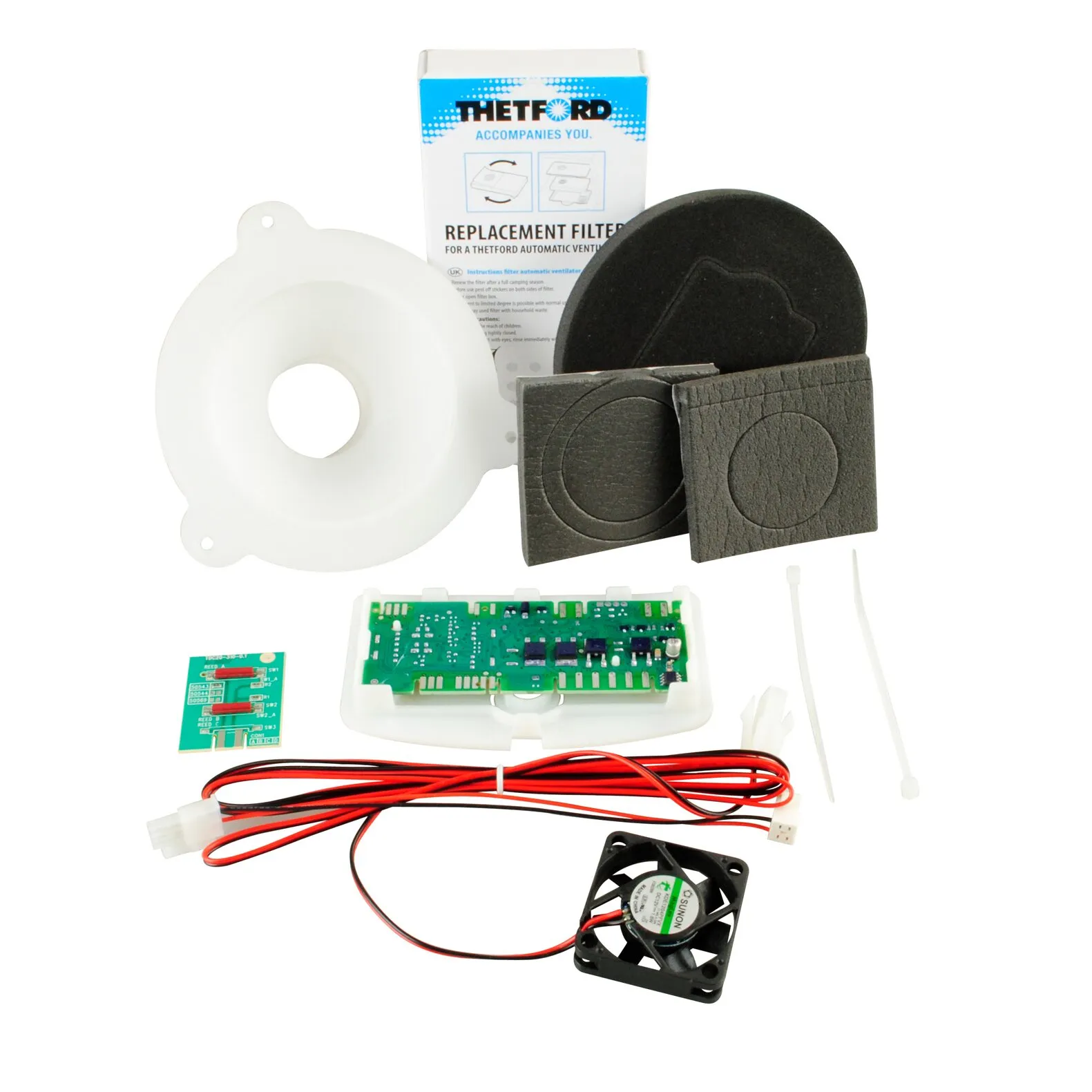 Elektrisches Ventilator-Kit für C250 mit Lüfter, Steuerplatine, Kabeln, weißer Abdeckung, Filtern und Befestigungsmaterial

