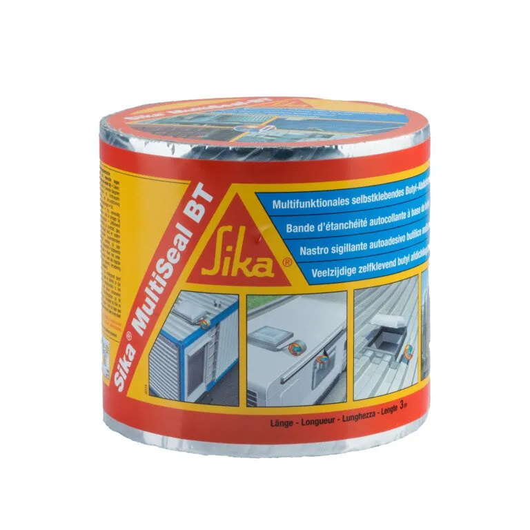 Rote Rolle Sika® MultiSeal BT, selbstklebendes Butyl-Dichtband mit gelber Verpackung und Anwendungsmotiven