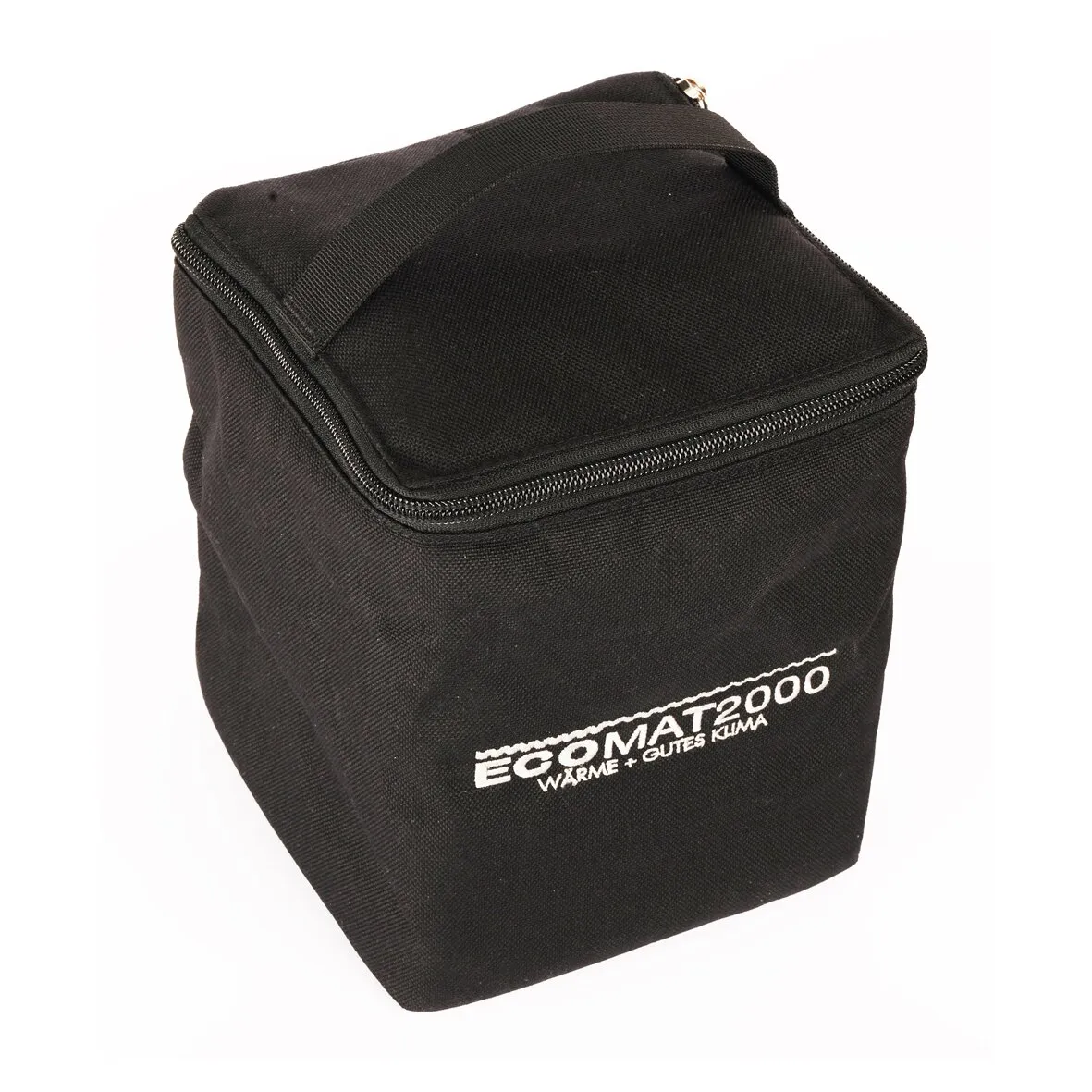 Schwarze gepolsterte Tasche mit Tragegriff, umlaufendem Reißverschluss und weißem ECOMAT2000-Logo