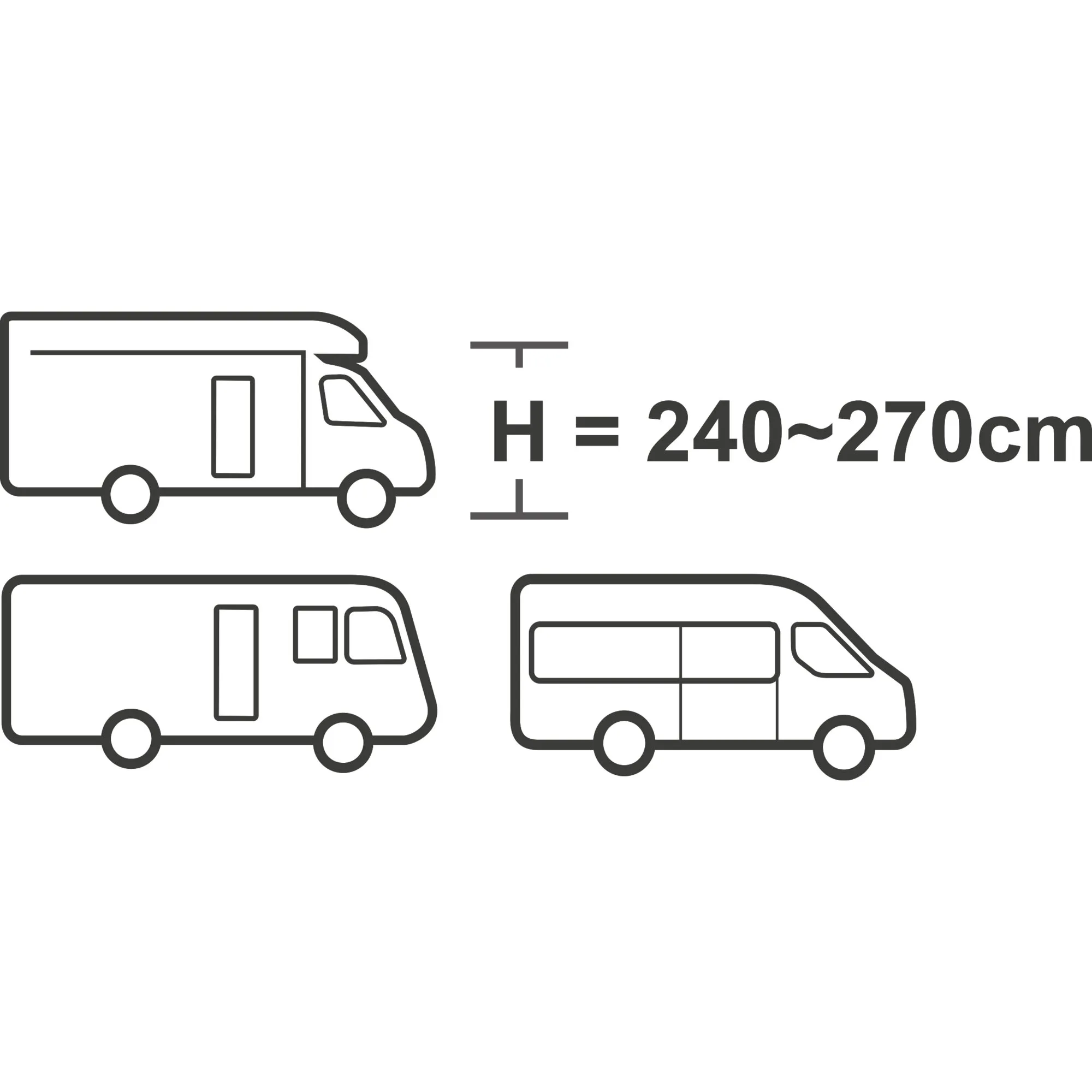 Technische Grafik zum Busvorzelt Aquila Pro mit drei Fahrzeugprofilen und passender Fahrzeughöhe von 240 bis 270 cm