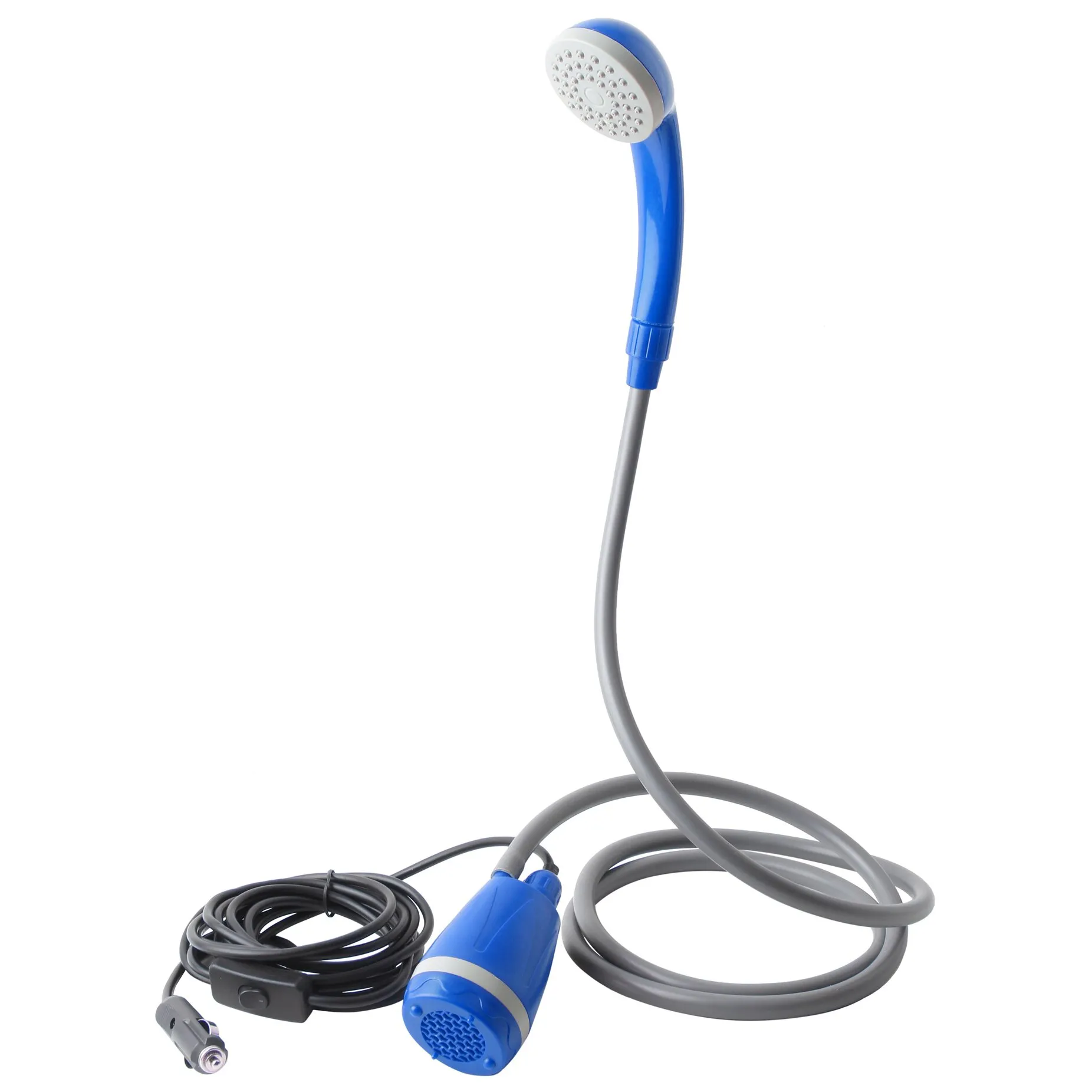 Campingdusche Aquafresh 2.0 mit blauem Duschkopf, grauem Schlauch, elektrischer Pumpe und 12-Volt-Anschluss