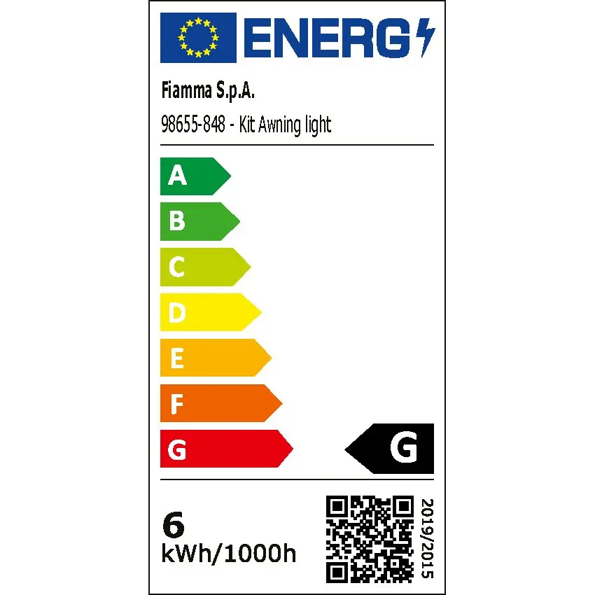 EU-Energielabel mit Farbcodes von A bis G, aktuelle Kennzeichnung G, Kit Awning light von Fiamma, Modell 98655-848, 6 kWh/1000h, QR-Code