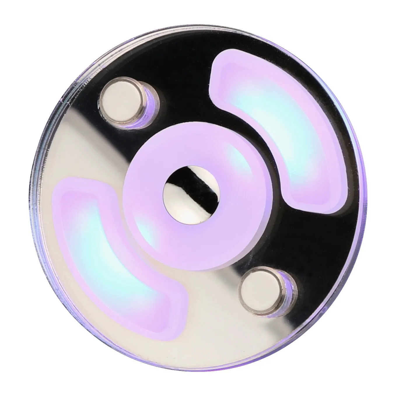 Runde Deckenleuchte Nightlight Round mit schwarzer Oberfläche, zentralem Ring und farbig leuchtenden LED-Lichtflächen in Rosa und Türkis