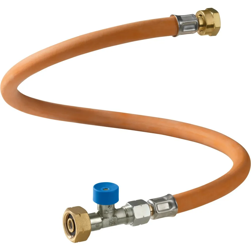 Orangefarbene Hochdruck-Schlauchleitung Caramatic ConnectDrive X.7, 750 mm, mit Messinganschlüssen und blauem Absperrventil