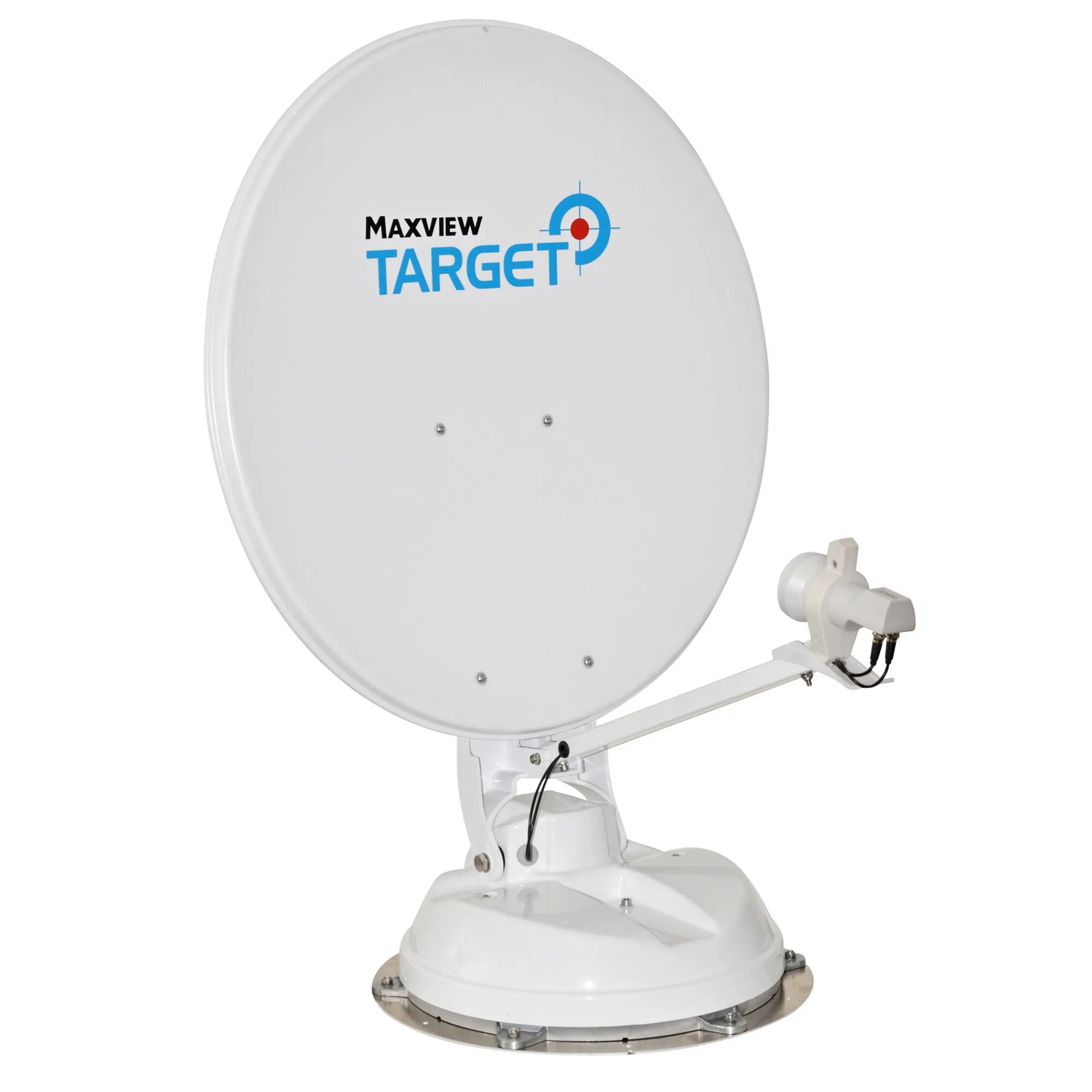 Weiße 65-cm-Satellitenanlage Maxview Target mit Parabolspiegel, Twin-LNB, Feedarm und motorisierter Halterung