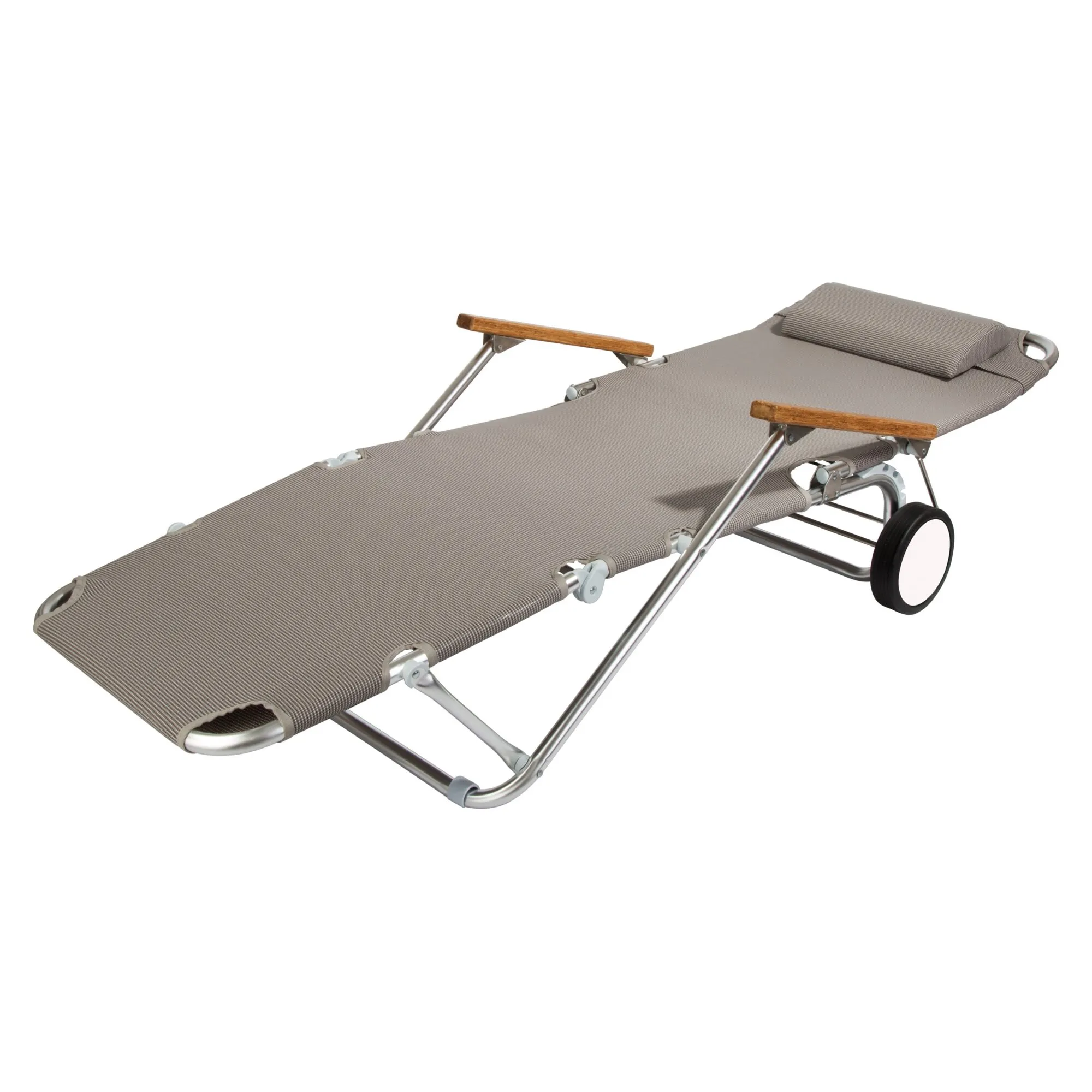 Graubraune Strandliege Beach Trolley mit Holzarmlehnen, Kopfpolster, Aluminiumrahmen und zwei großen Rädern