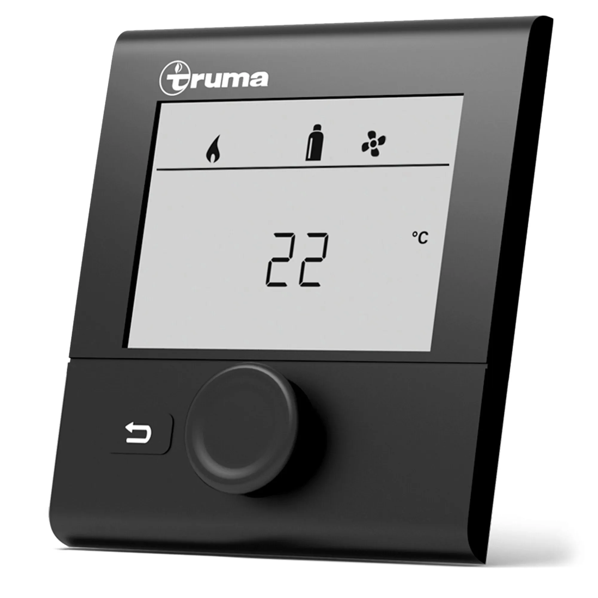 Schwarze Truma VarioHeat eco Flüssiggasheizung mit Display, Drehregler und Anzeige von 22 °C