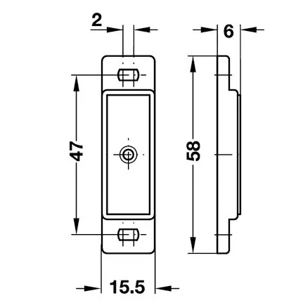 Technische Zeichnung eines rechteckigen Magnet-Verschlusses mit Vorder- und Seitenansicht sowie Maßangaben 58, 47, 15,5, 6 und 2 mm