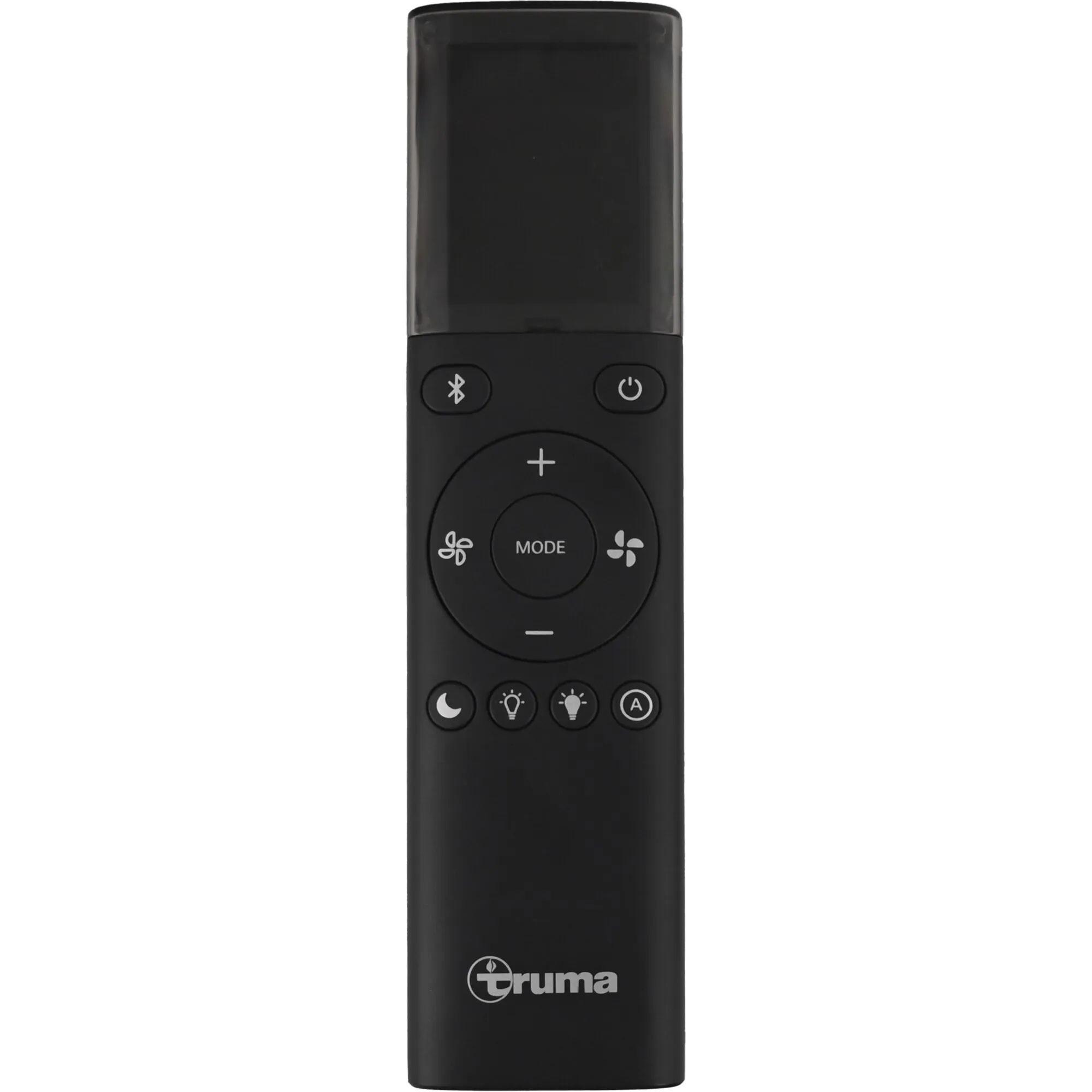 Schwarze Fernbedienung mit großem Display oben, darunter runde Tasten (Bluetooth, Power, Mode, Plus/Minus) und Truma-Logo am unteren Gehäuse