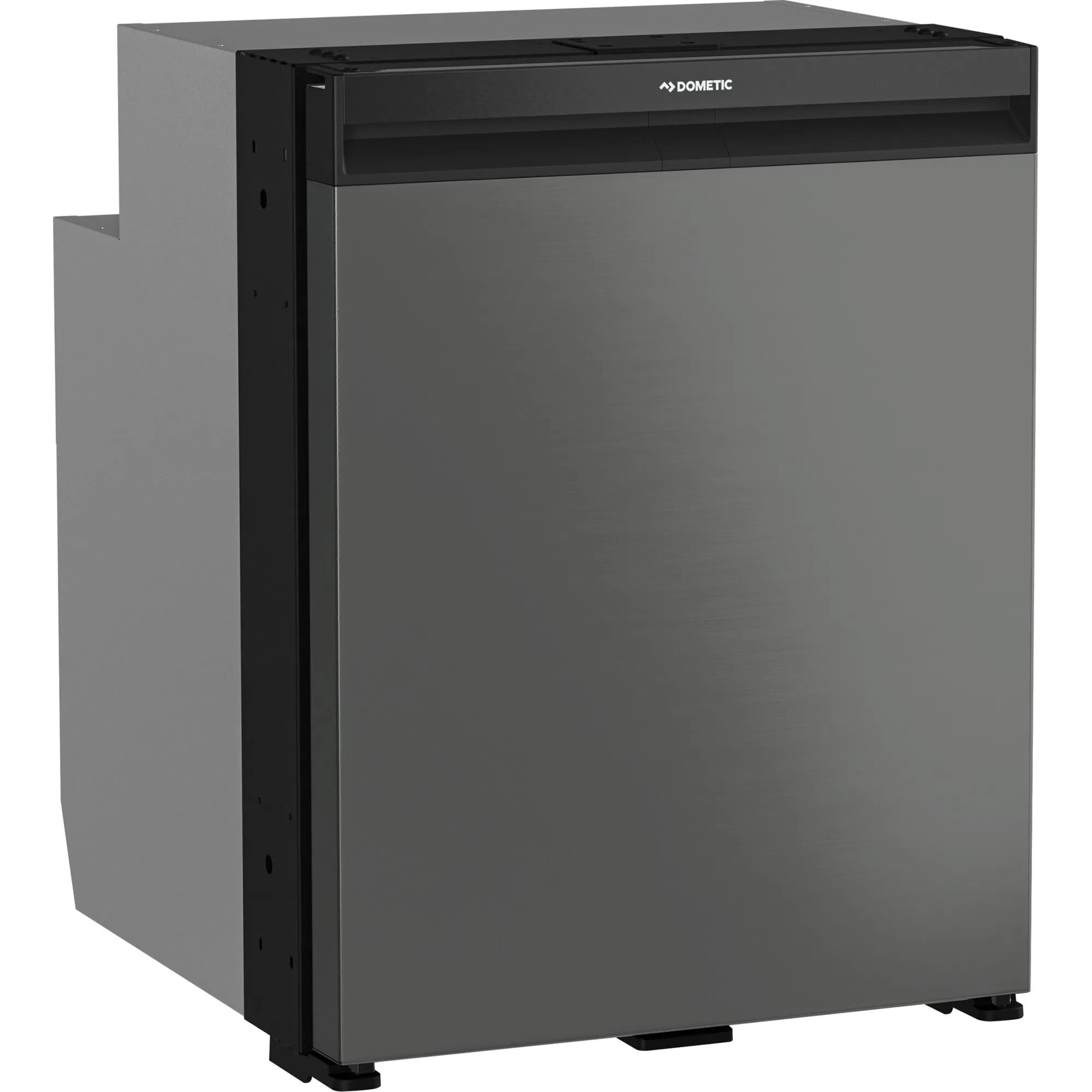 Dometic CoolMatic NRX 80C Kompressorkühlschrank in Schwarz mit gebürsteter Front, seitlicher Ansicht und Standfüßen