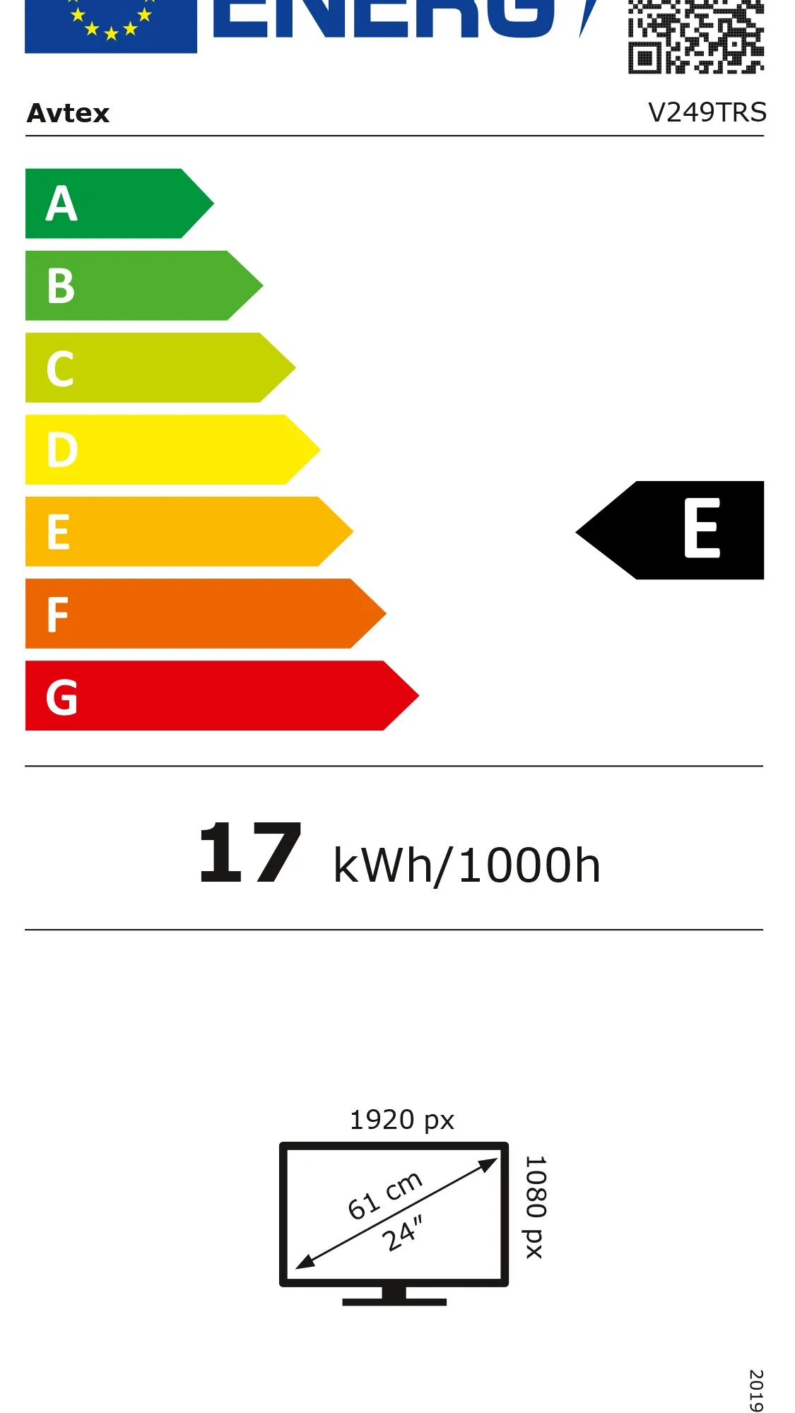 Energieeffizienzlabel für das Avtex Oyster Smart TV V249TRS mit 24 Zoll, Energieeffizienzklasse E und 17 kWh pro 1000 Stunden, Full HD 1920 × 1080 Pixel