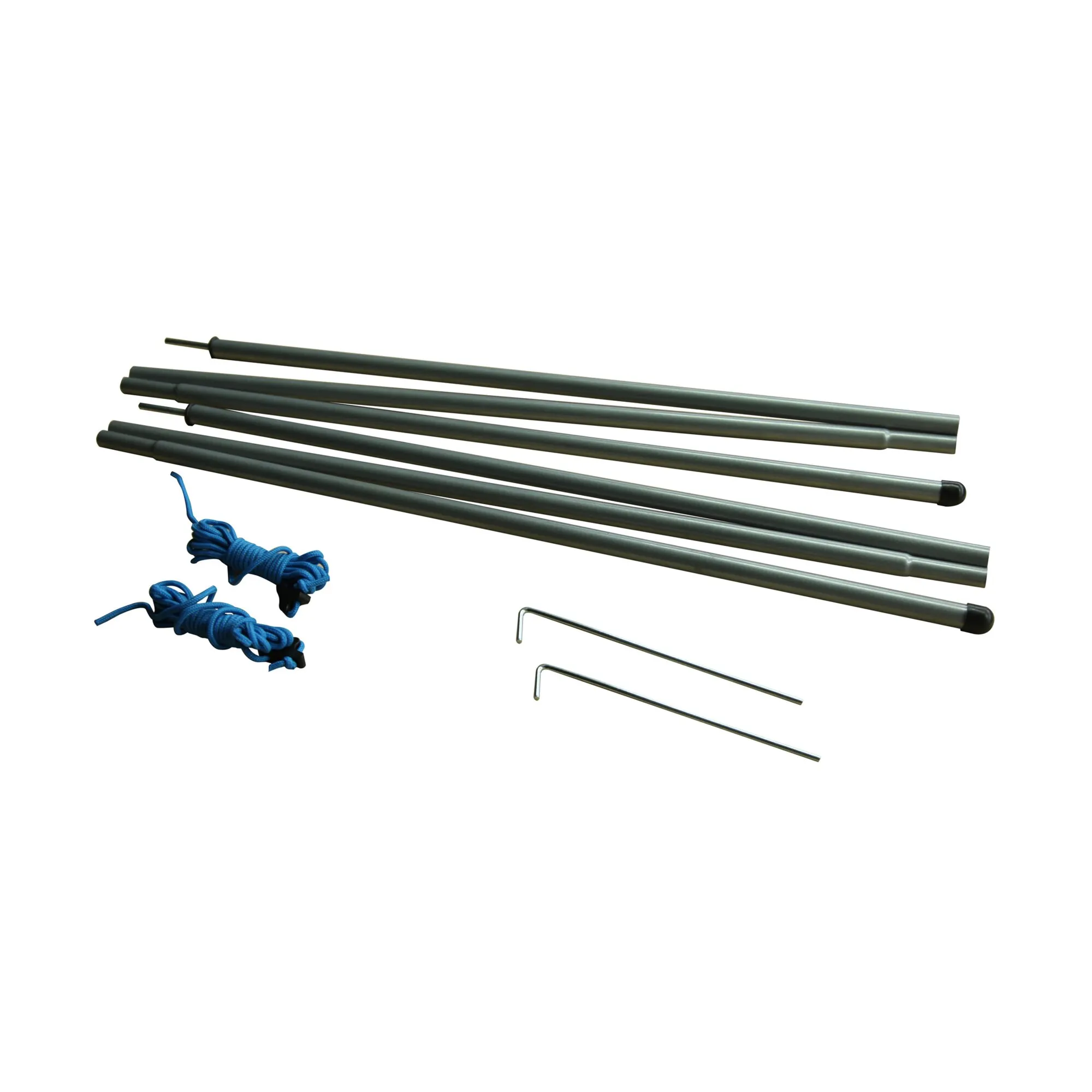 Zwei dunkelgraue Aufstellstangen-Sets mit Steckelementen, blauen Abspannseilen und Heringen für Teilzelte, Länge 180 cm