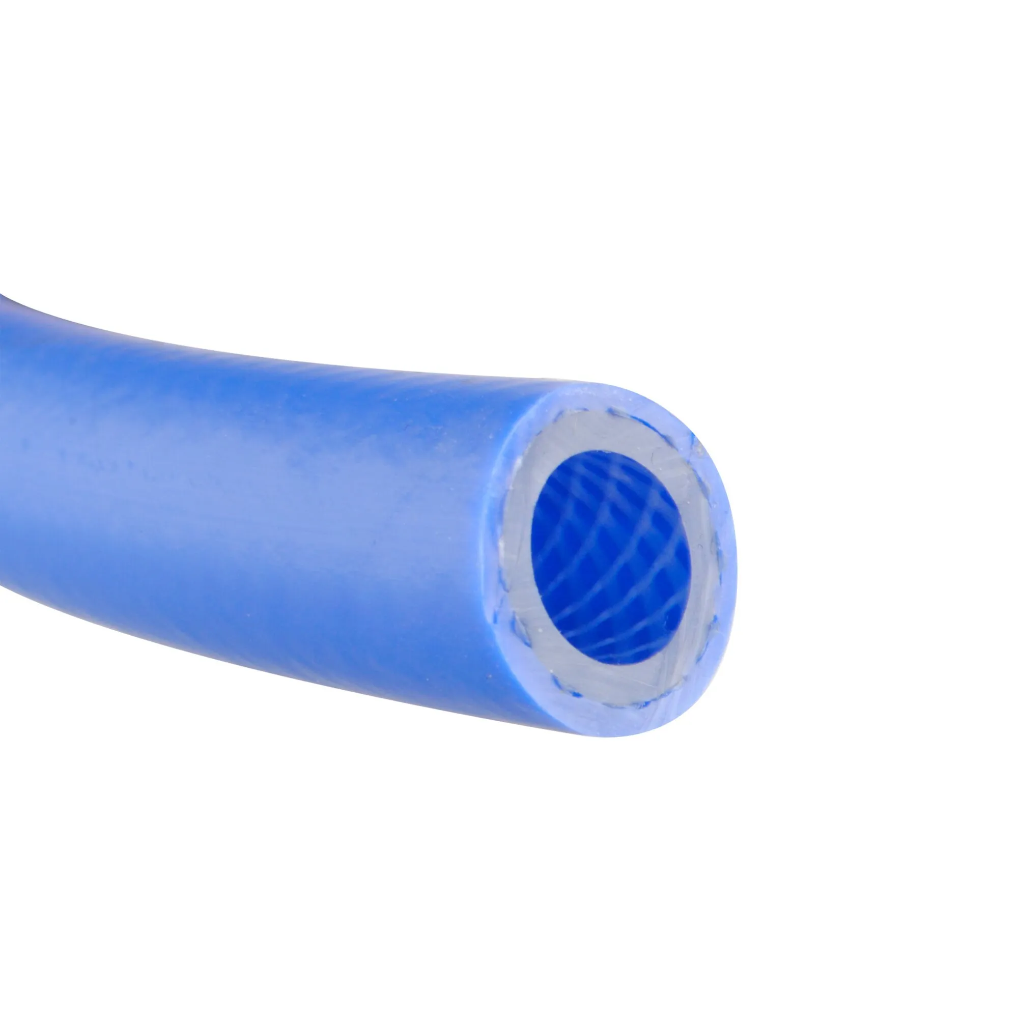 Blaue PVC-Heißwasserschlauch-Detailaufnahme mit sichtbarem, verstärktem Schlauchquerschnitt und Innengeflecht