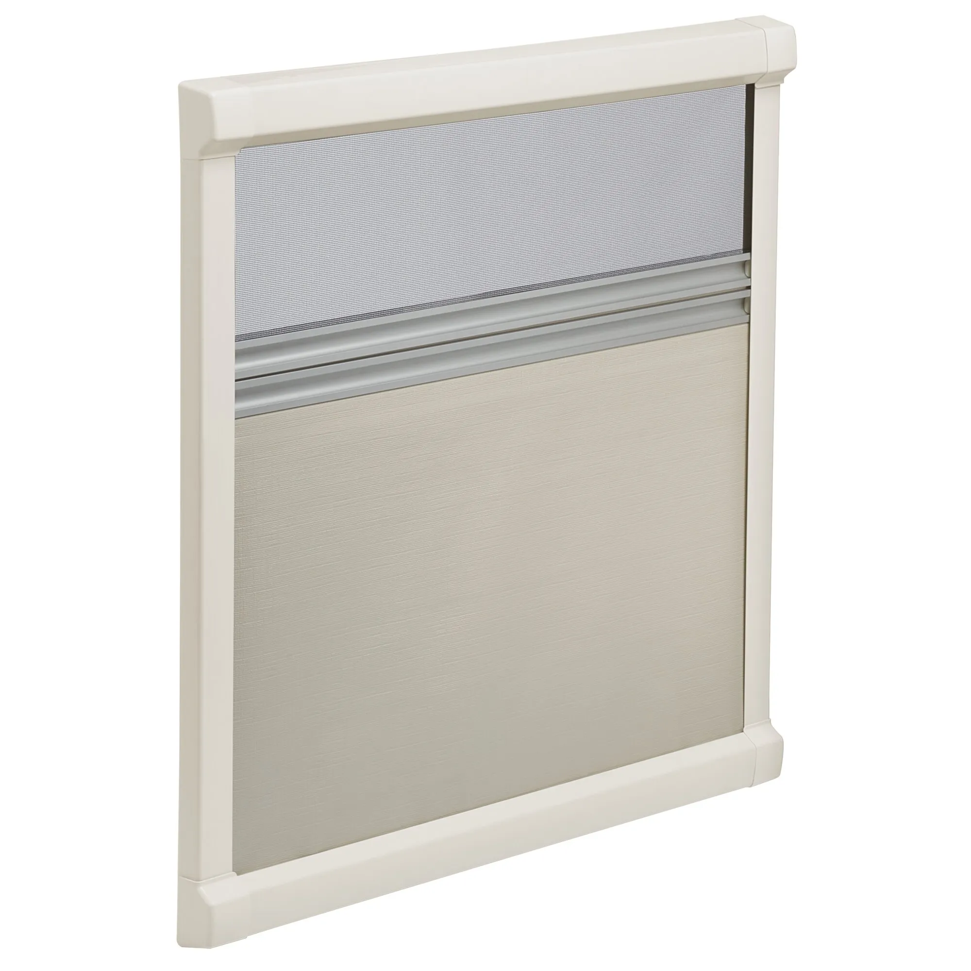 Dometic DB1R Rollosystem in Weiß mit grauem Insektenschutzgewebe und blickdichtem Stoffrollo, 1280 × 630 mm
