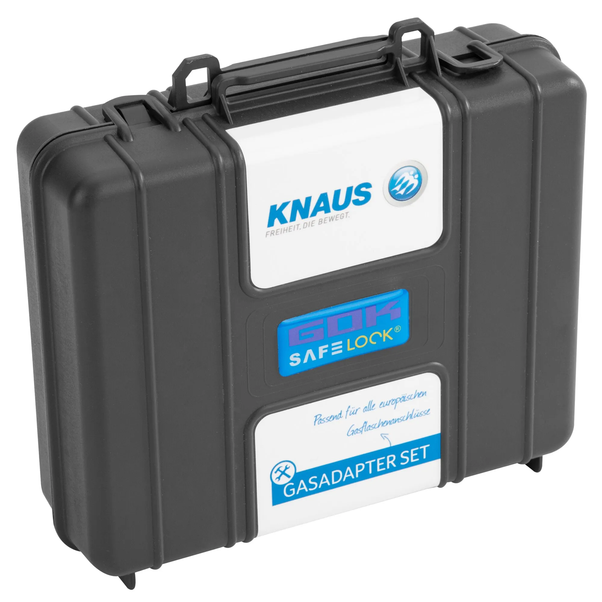 Schwarzer Hartschalenkoffer mit Tragegriff und KNAUS-Aufdruck, beschriftet als Gasadapter Set für europäische Gasflaschenanschlüsse