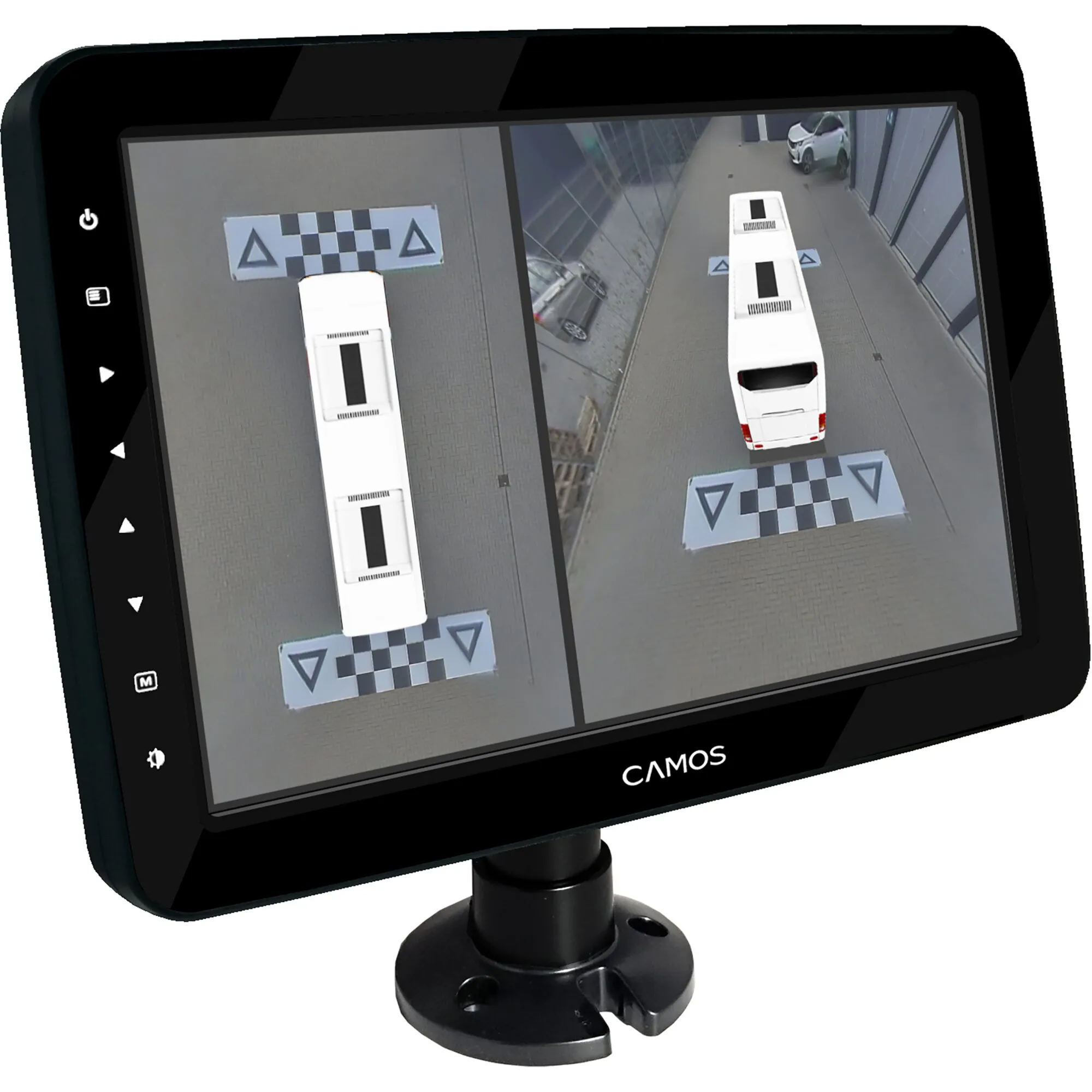 Schwarzer Camos-Monitor des Rückfahrvideosystems mit geteilter 360-Grad-Ansicht eines weißen Fahrzeugs von obenાન્ય