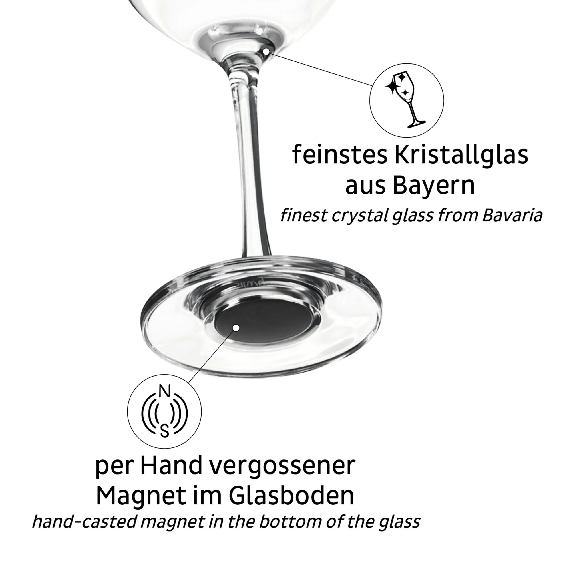 Champagnerglas aus Kristallglas mit handgegossenem Magneten im Glasboden, Detailansicht mit Hinweis auf Bayern製