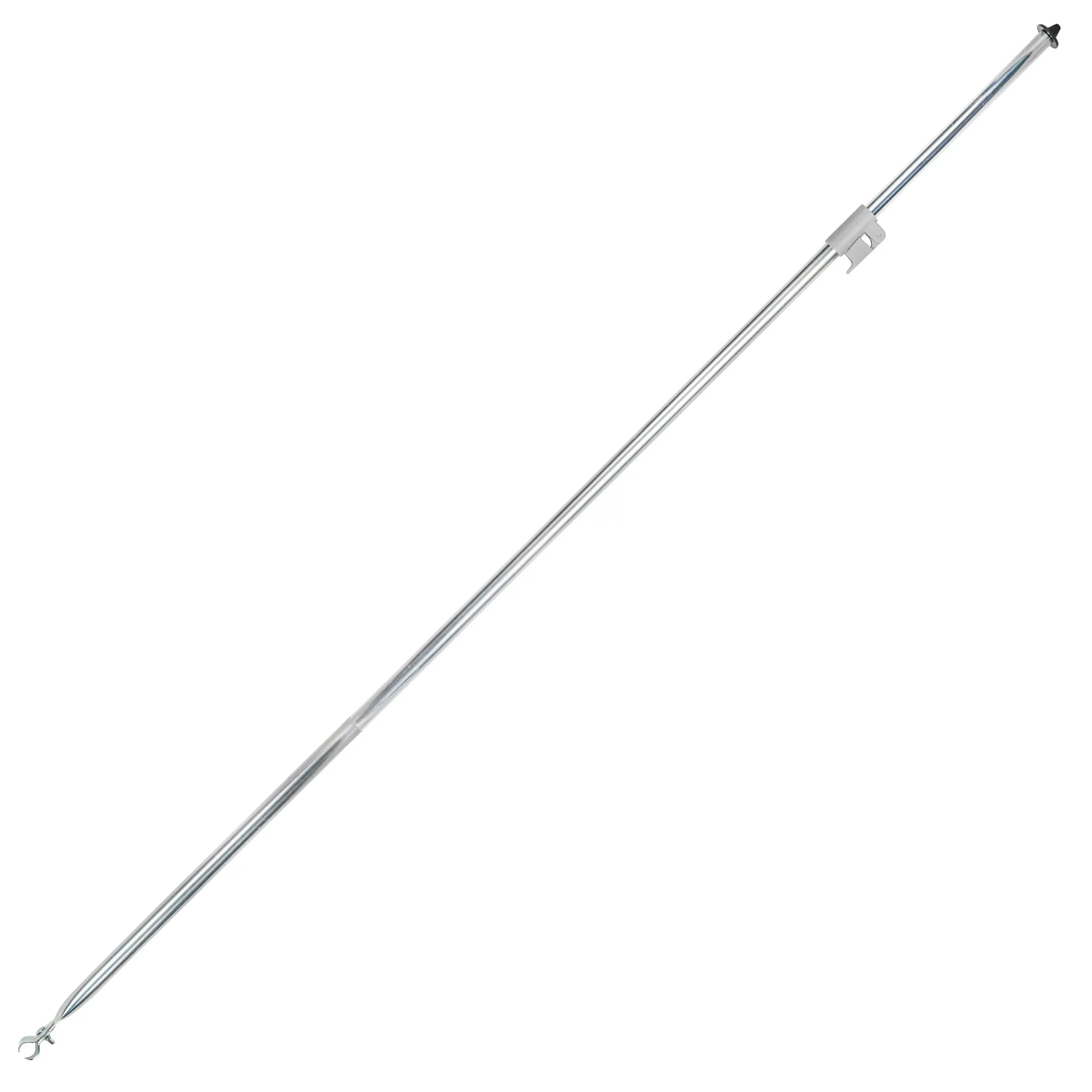Silberne Orkanstütze aus Stahl mit 28 mm Durchmesser, langem Rundstab, Erdspitze und Befestigungsklammer