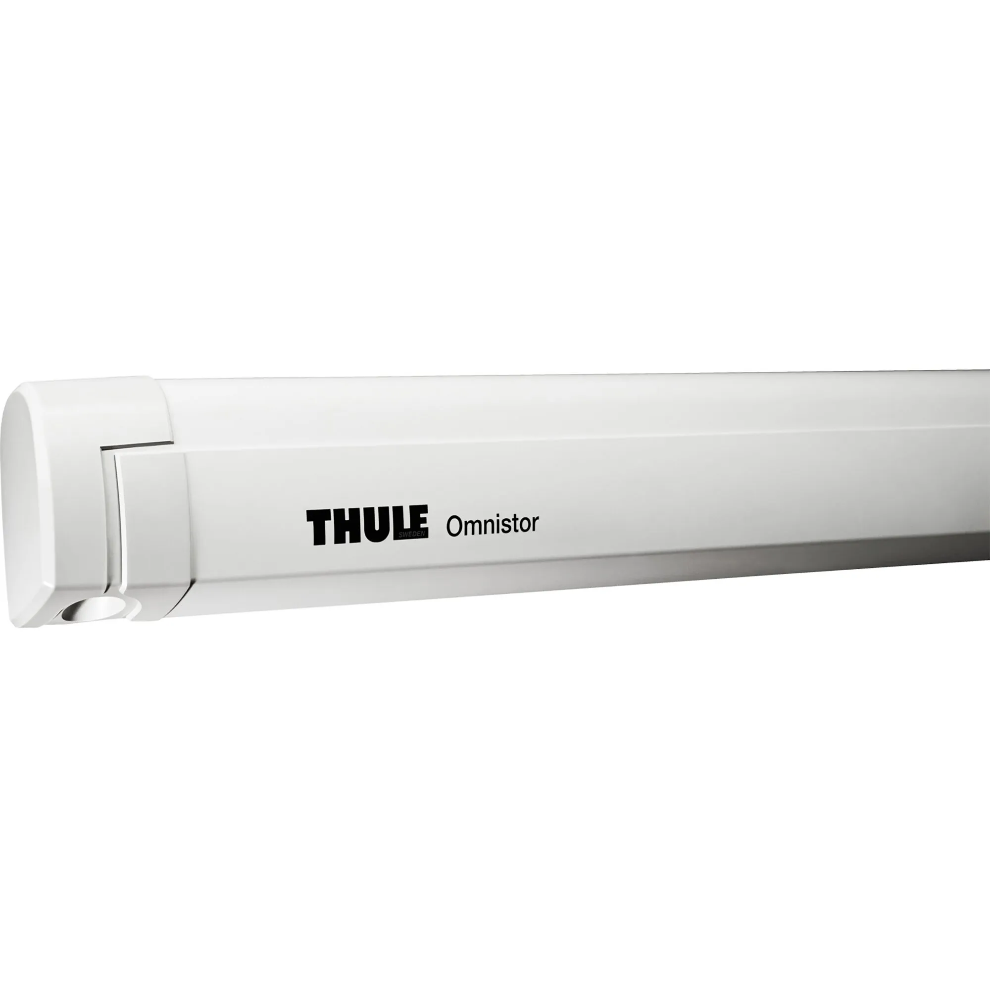 Weiße Thule Omnistor 5200 Markisenkassette in Detailansicht mit sichtbarem Omnistor-Logo