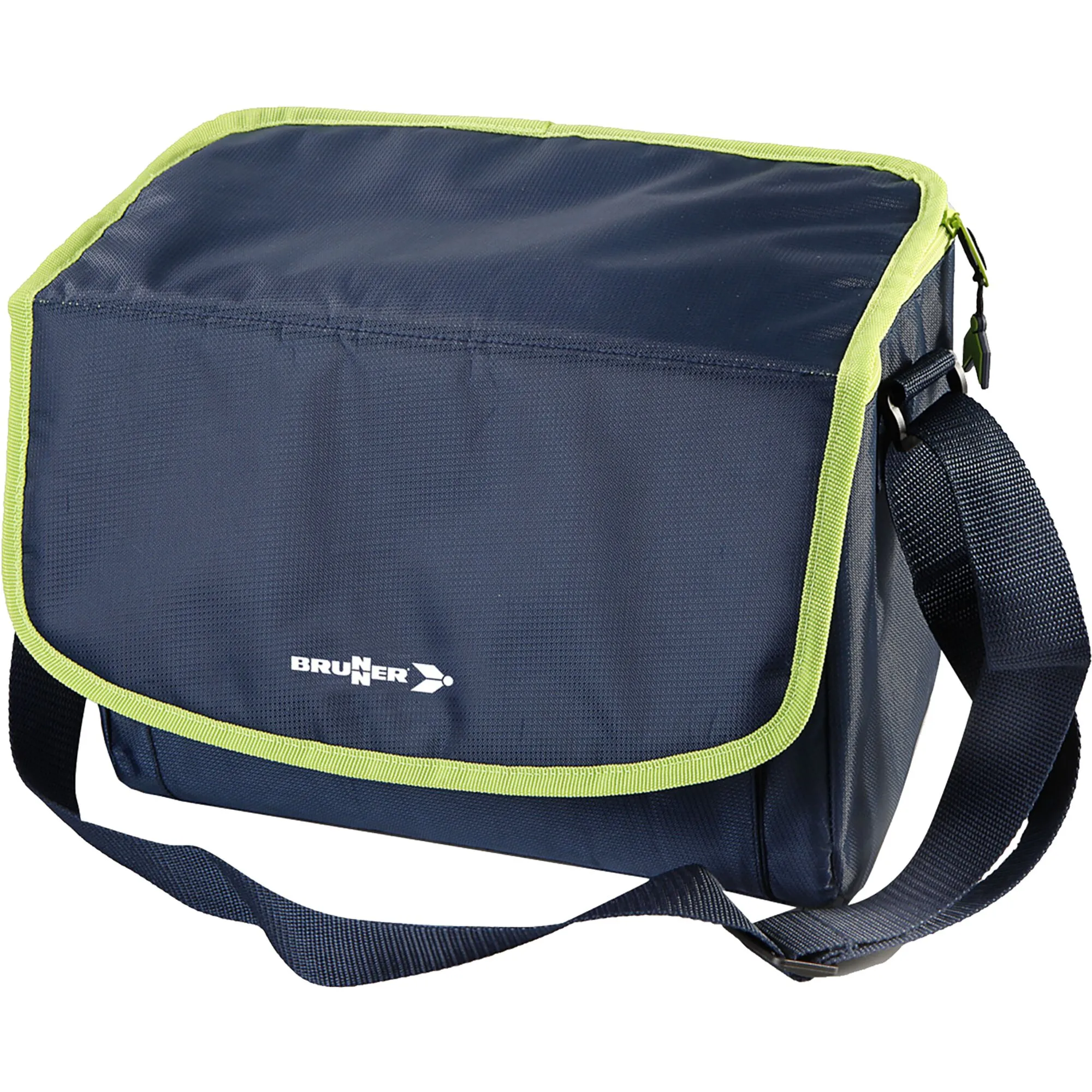 Dunkelblaue Kühltasche Friobag von Brunner mit 12 Litern Volumen, hellgrüner Umrandung und verstellbarem Schultergurt