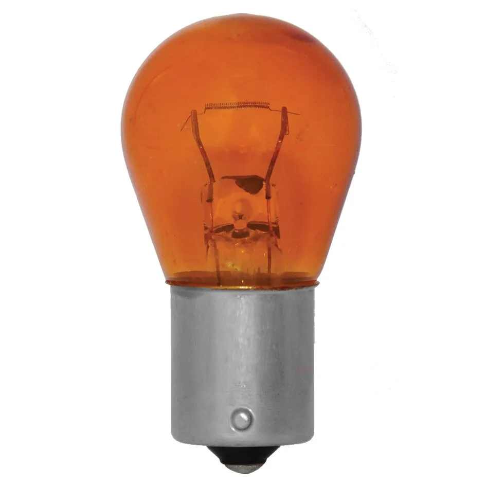 Orangefarbene Kfz-Kugellampe Standard BAU15s mit sichtbarem Glühwendel und silbernem Metallsockel