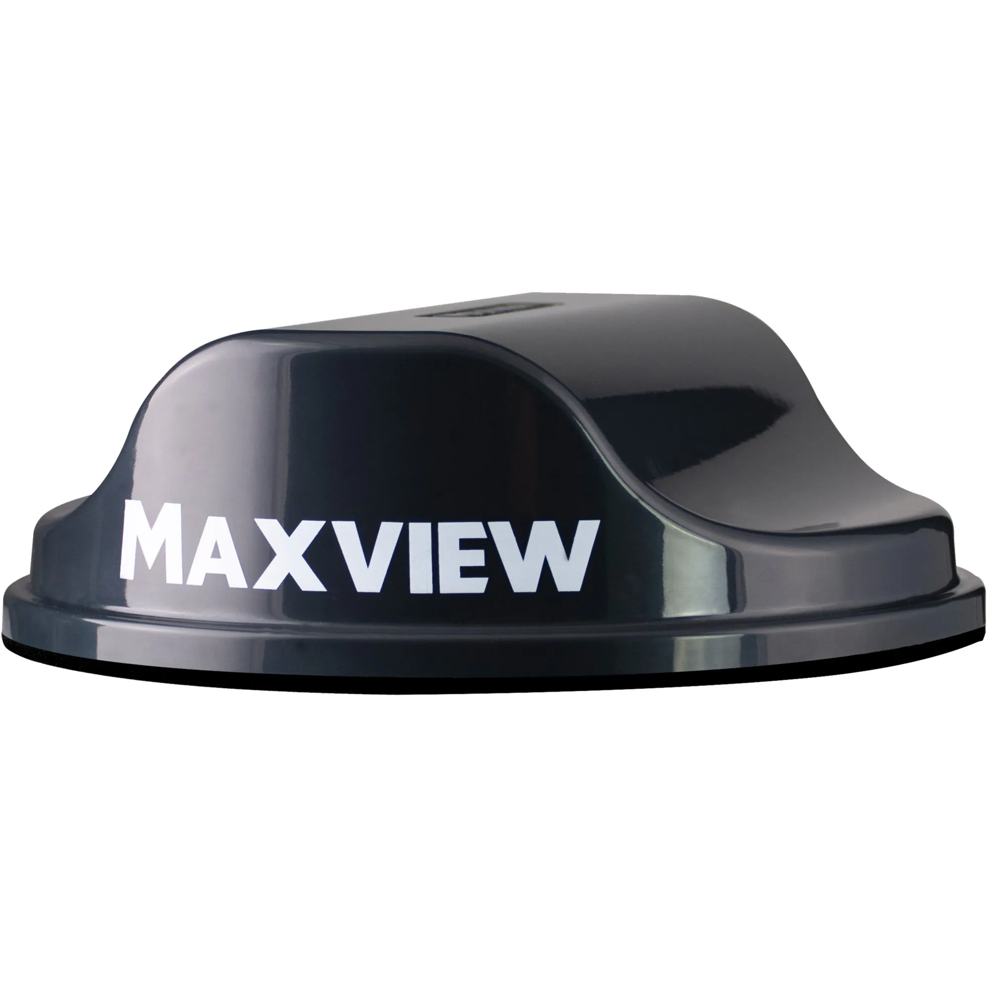 Anthrazitfarbener Maxview RoamX Router mit abgerundetem Gehäuse und weißem MAXVIEW-Schriftzug geschniegelt