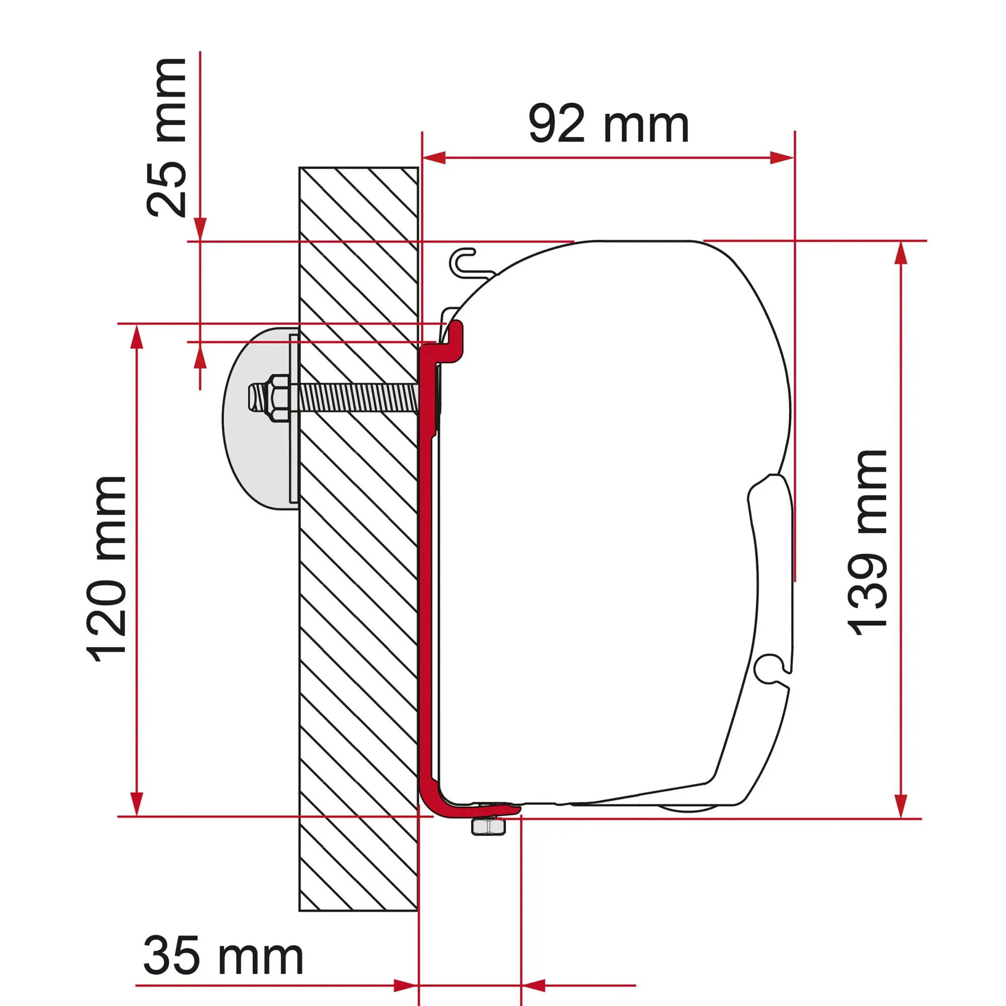 Technische Seitenansicht des Markisenadapters AS 300 mit roter Halterung an einer Wand und Maßangaben 92, 139, 120, 35 und 25 mm