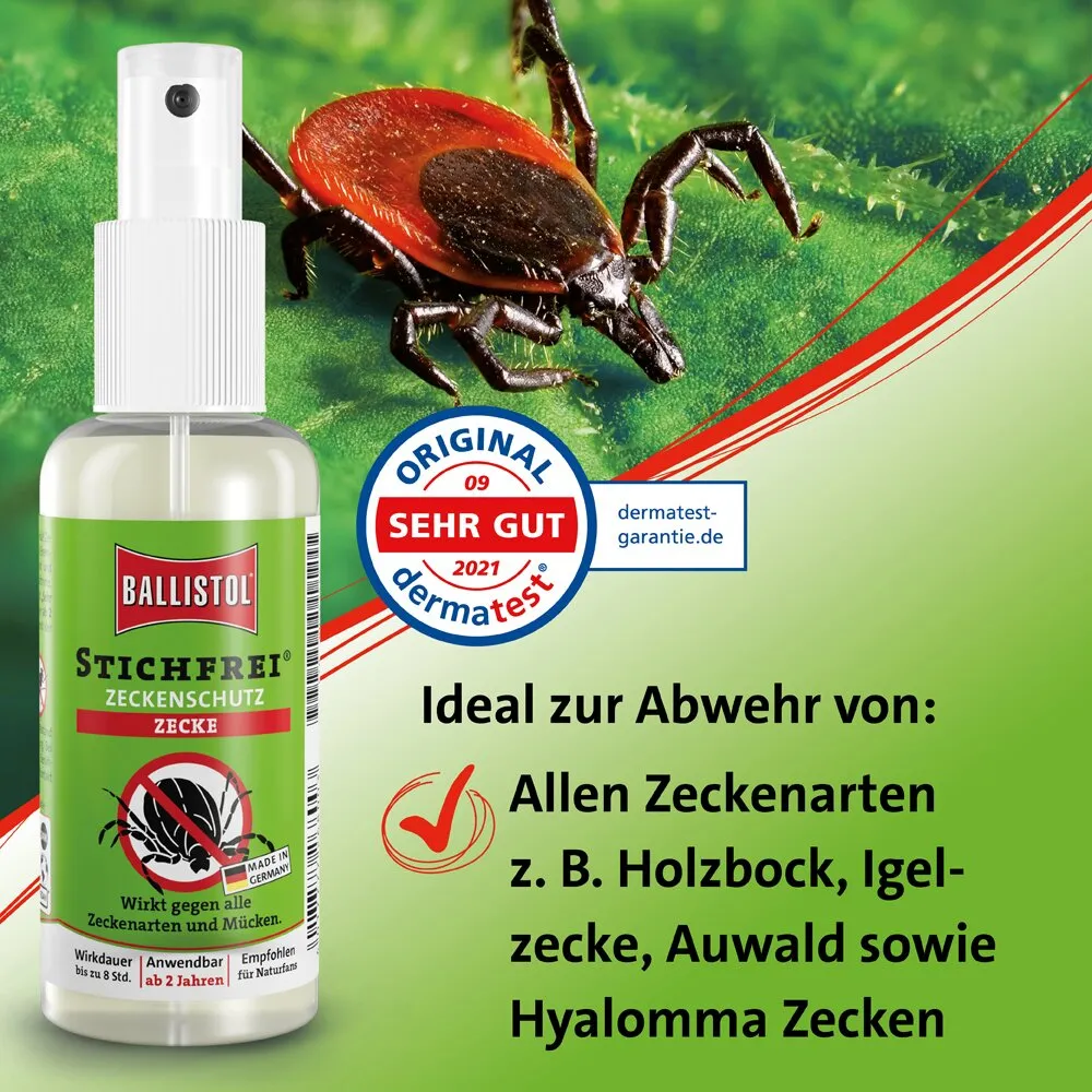 Ballistol Stichfrei Zeckenschutz als Sprühflasche neben einer Nahaufnahme einer Zecke auf grünem Blattwerk, mit Dermatest-Siegel