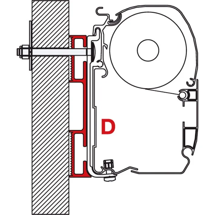 Technische Schnittzeichnung des Markisenadapters D mit 12 cm Abstand an einer Wand und montierter Markisenkassette